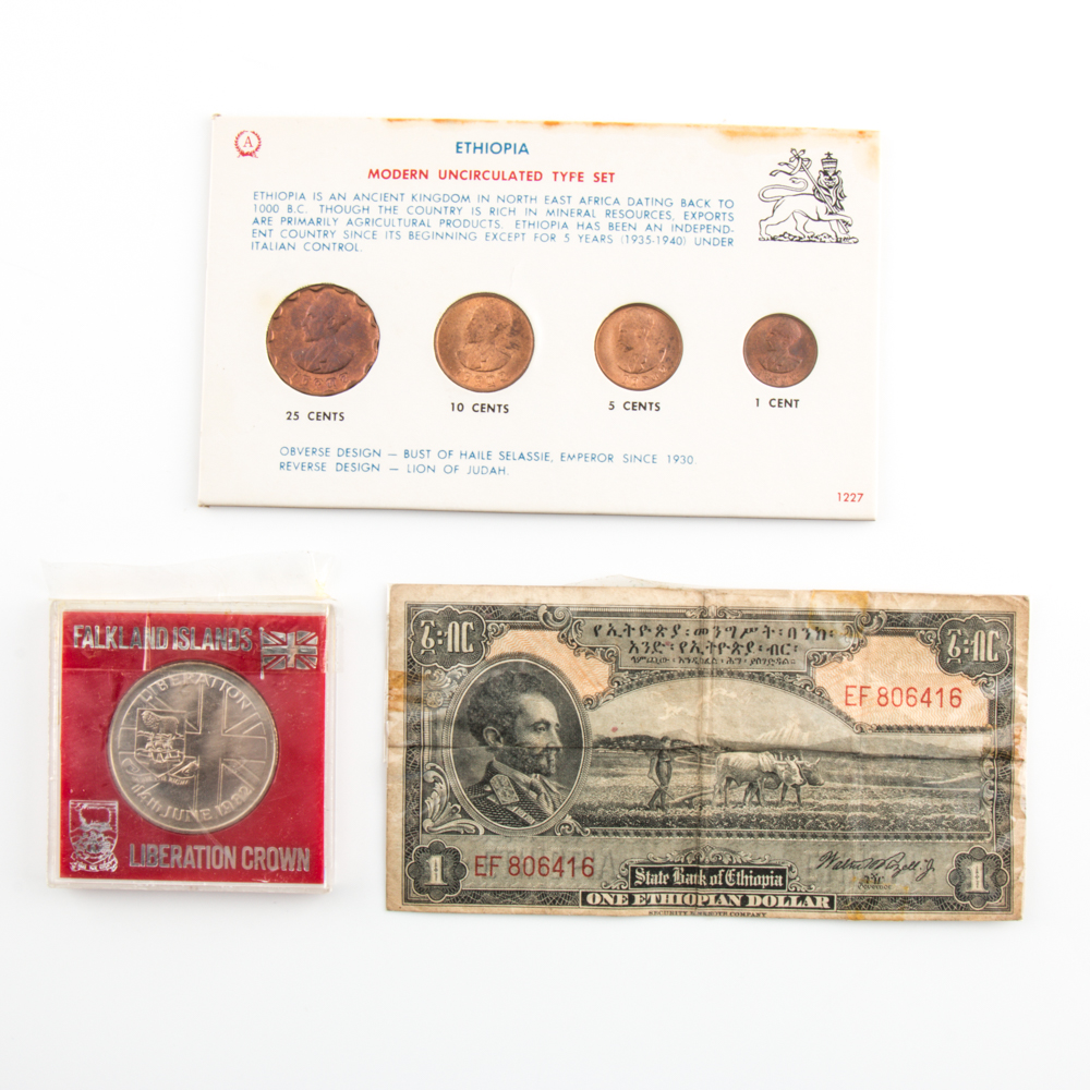 Group of Ethiopian Currency and a 1982 Falkland Islands Liberation Crown