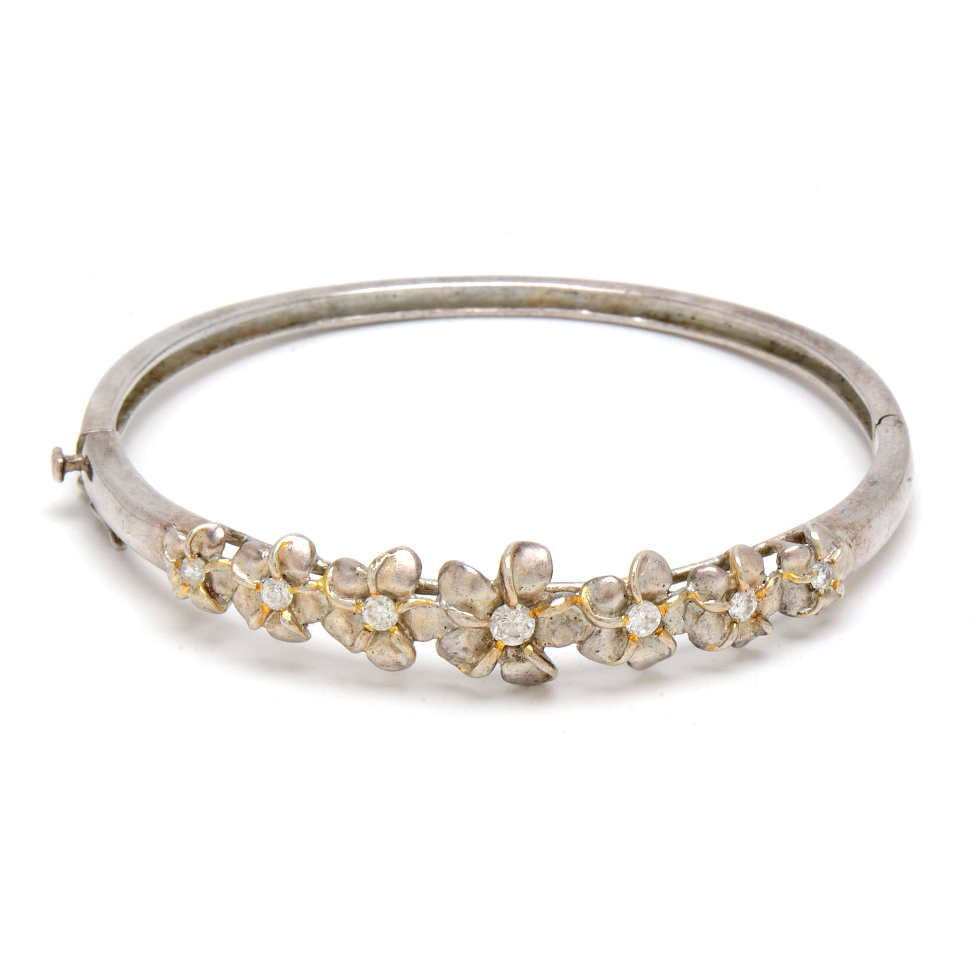 Sterling Silver Cubic Zirconia Plumeria Hawaiian Hinged Bracelet