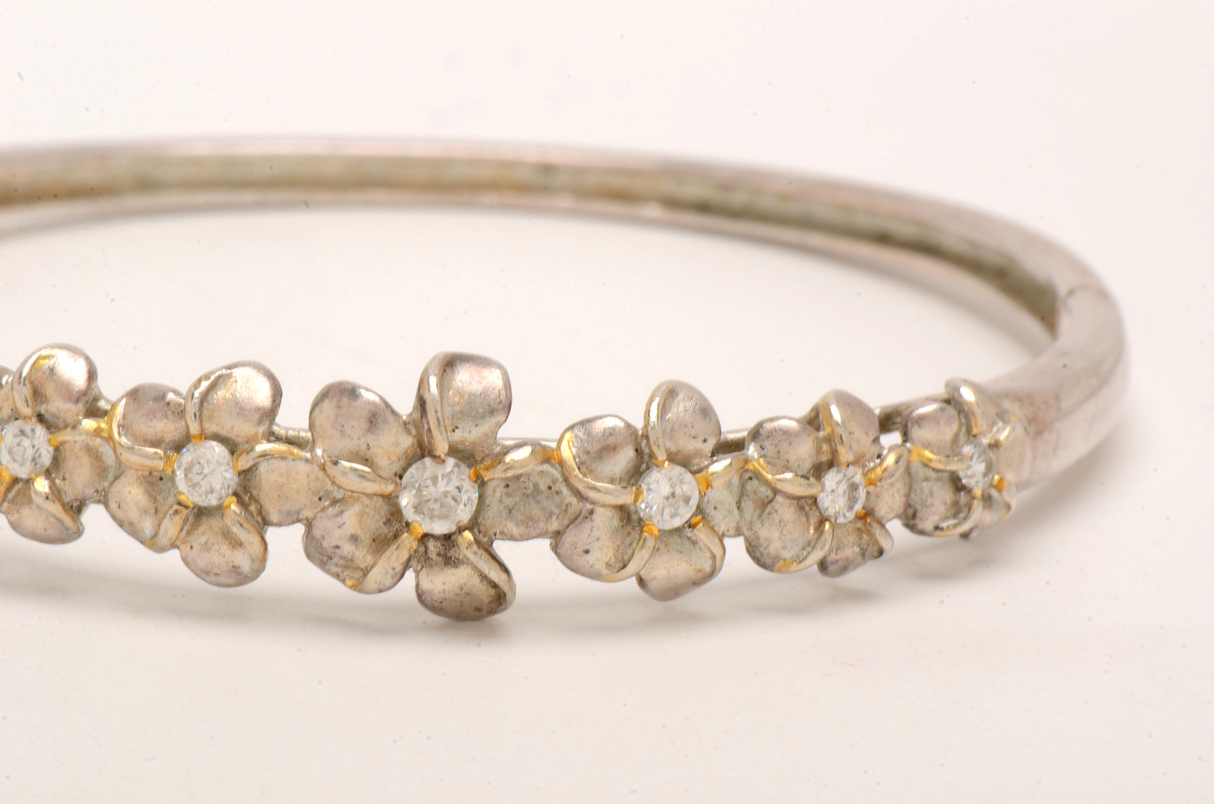 Sterling Silver Cubic Zirconia Plumeria Hawaiian Hinged Bracelet