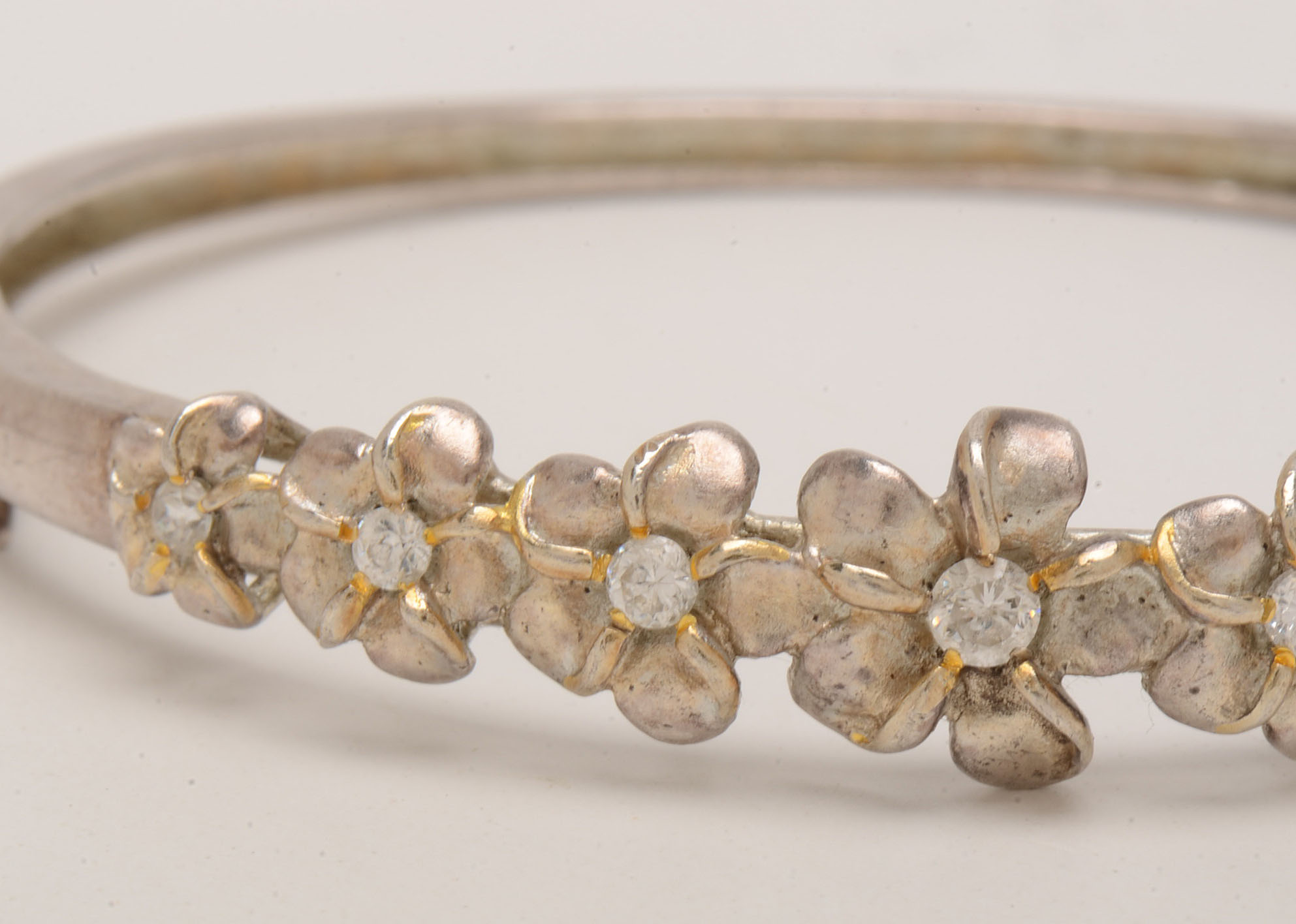 Sterling Silver Cubic Zirconia Plumeria Hawaiian Hinged Bracelet