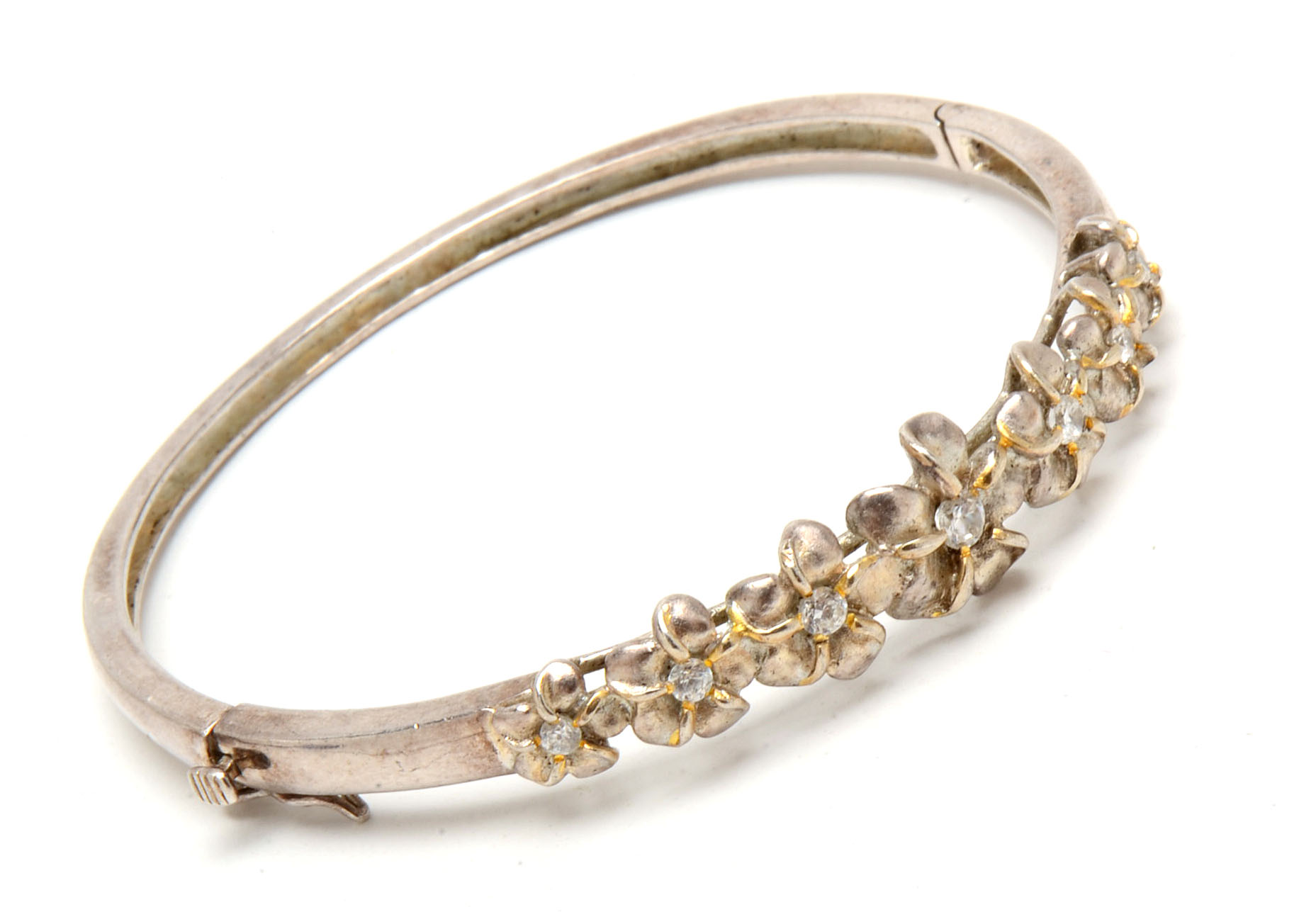 Sterling Silver Cubic Zirconia Plumeria Hawaiian Hinged Bracelet