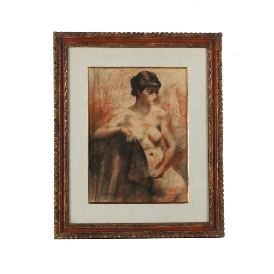 Abraham Baylinson Charcoal and Conte Crayon Drawing of Seated Nude Female Figure