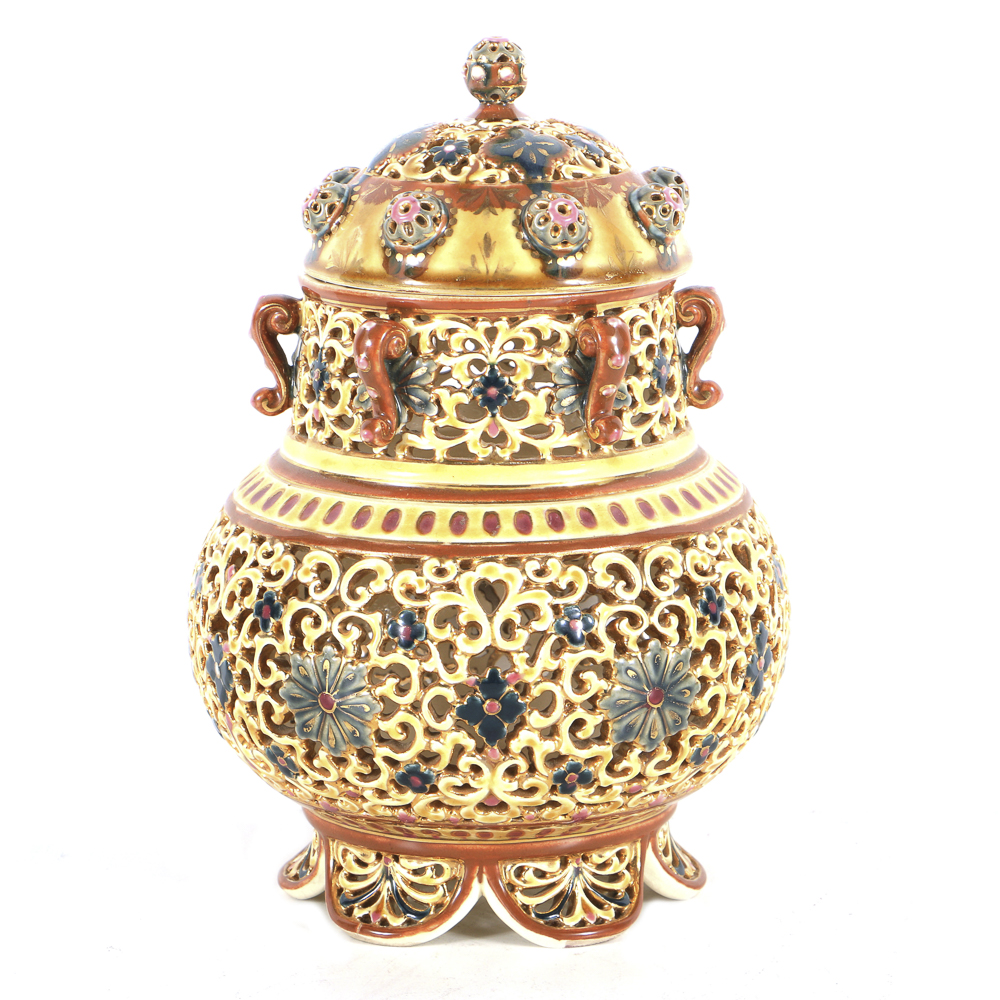 19th-Century Zsolnay Reticulated Ceramic Lidded Jar