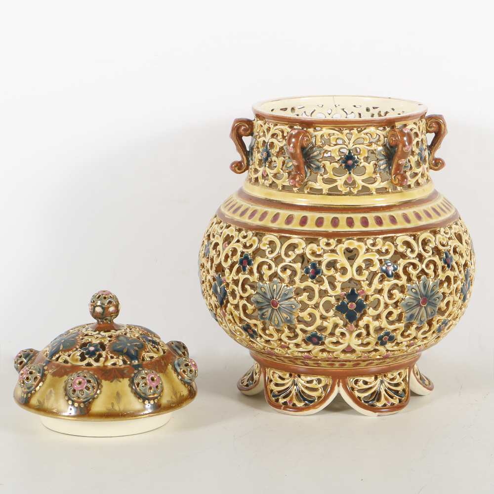 19th-Century Zsolnay Reticulated Ceramic Lidded Jar