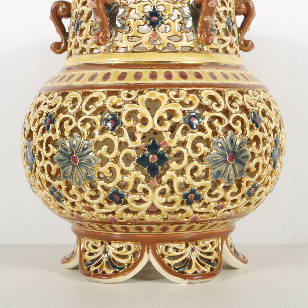 19th-Century Zsolnay Reticulated Ceramic Lidded Jar