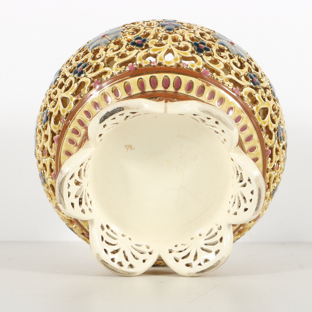 19th-Century Zsolnay Reticulated Ceramic Lidded Jar