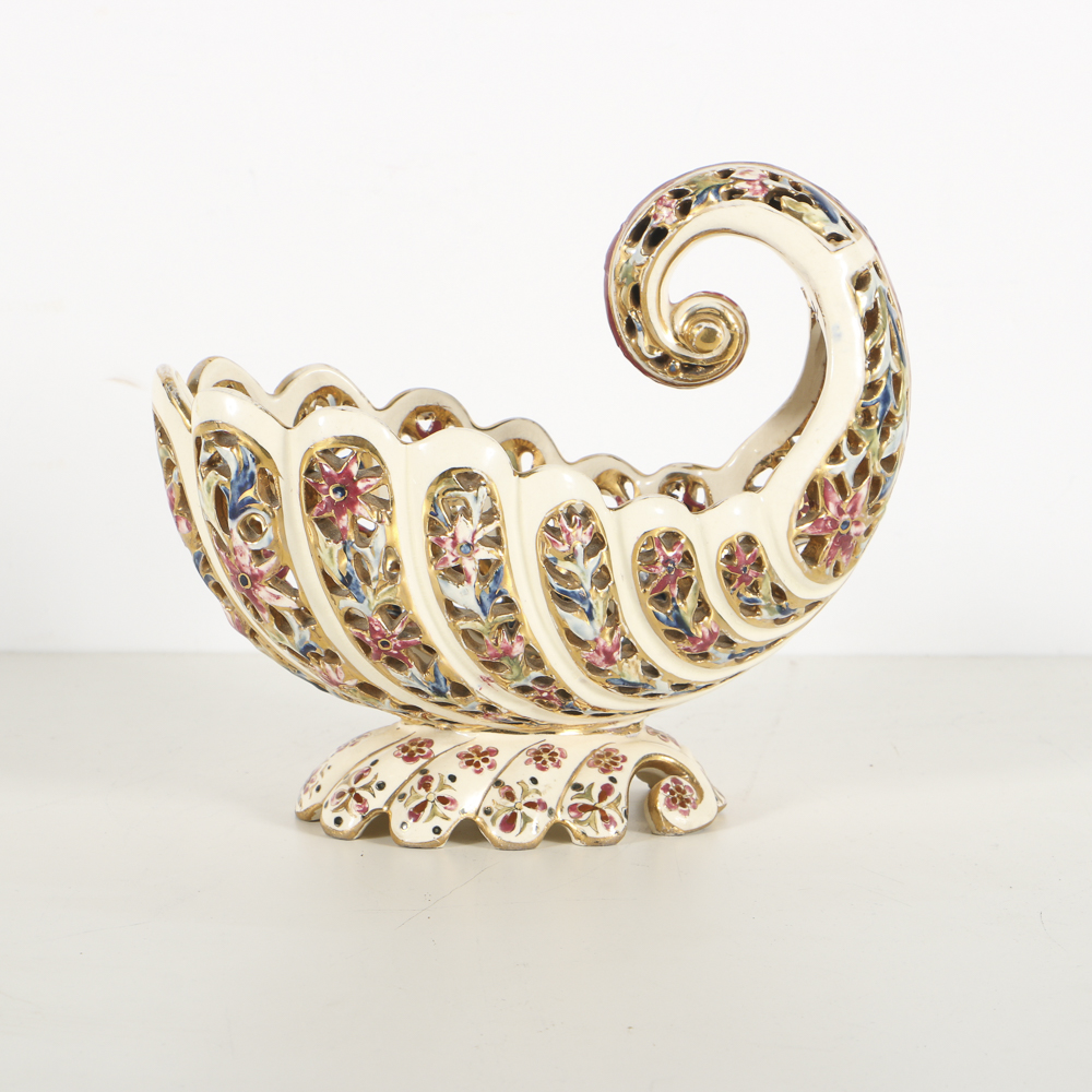19th-Century Fischer J. Reticulated Ceramic Shell Console Bowl
