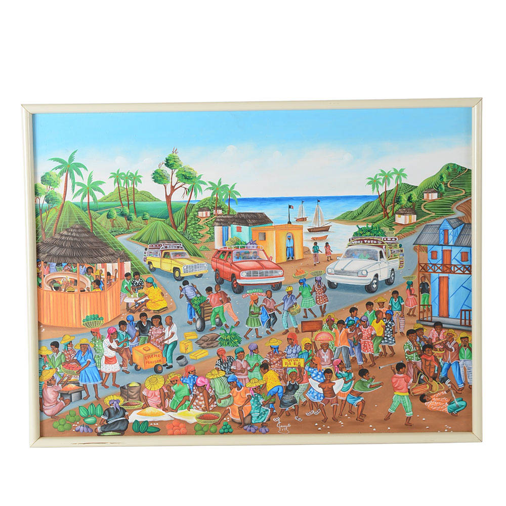 Camille Fritz Original Haitian Tempera Folk Art Painting on Canvas Board