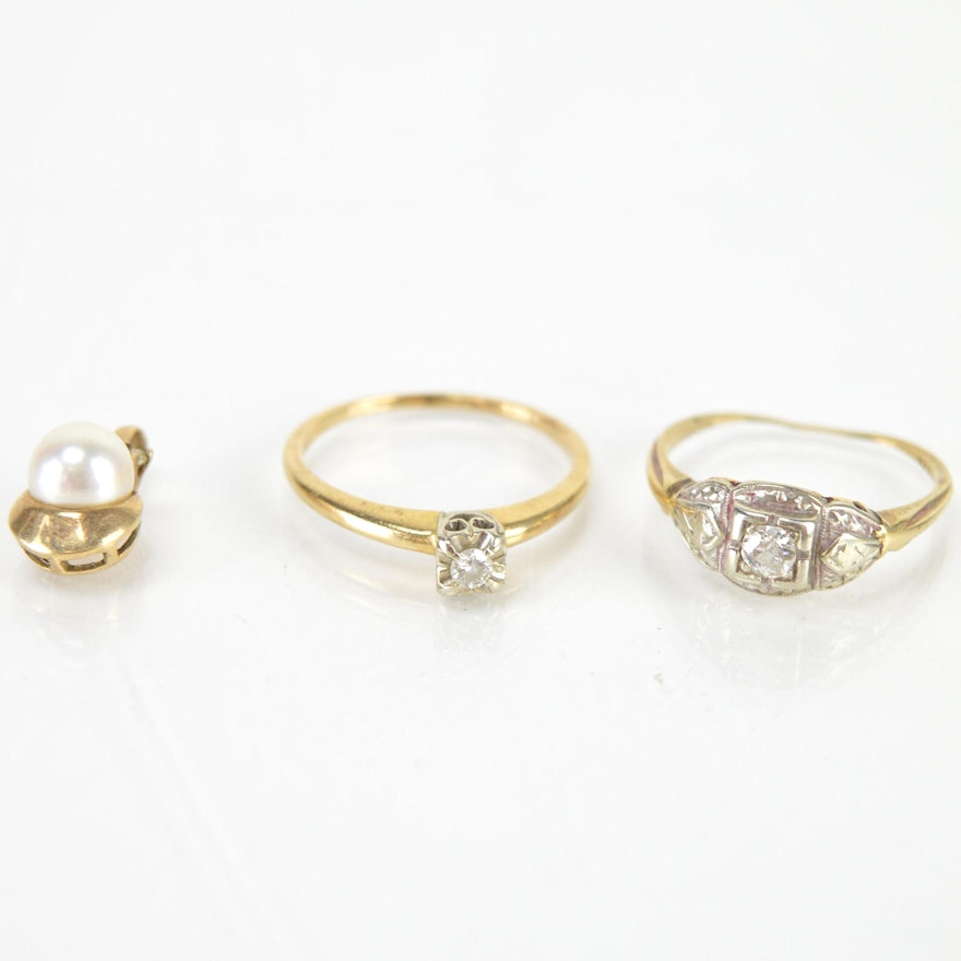 14K Yellow Gold Pearl Pendant and Diamond Rings