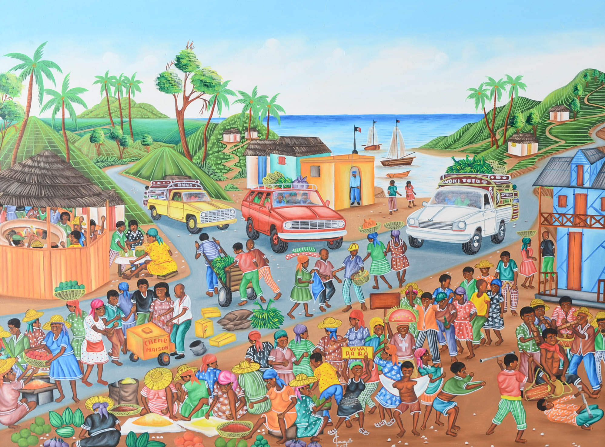 Camille Fritz Original Haitian Tempera Folk Art Painting on Canvas Board