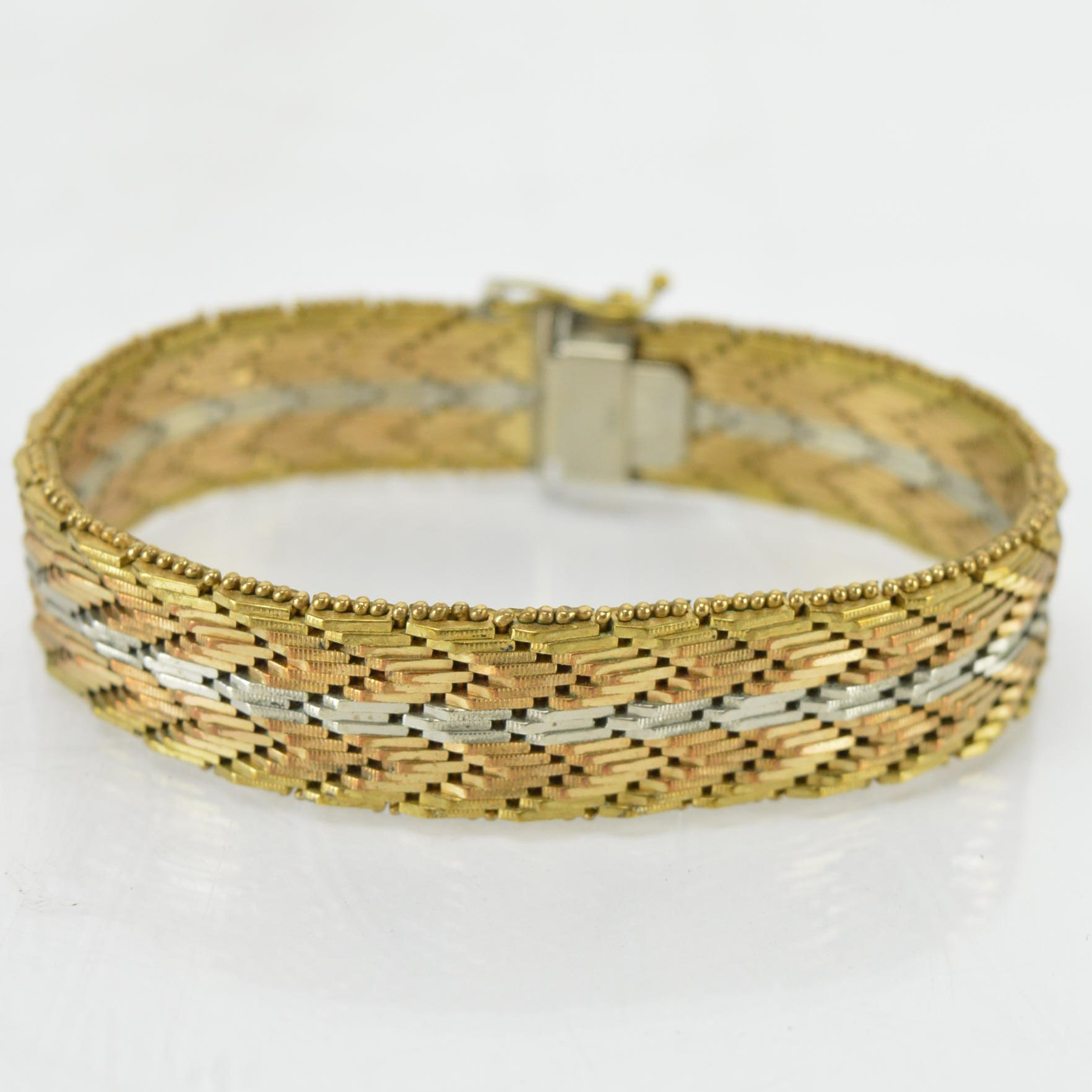 Vintage Tri-Color Gold Plated Herringbone Chain Bracelet by DeCesare Italy