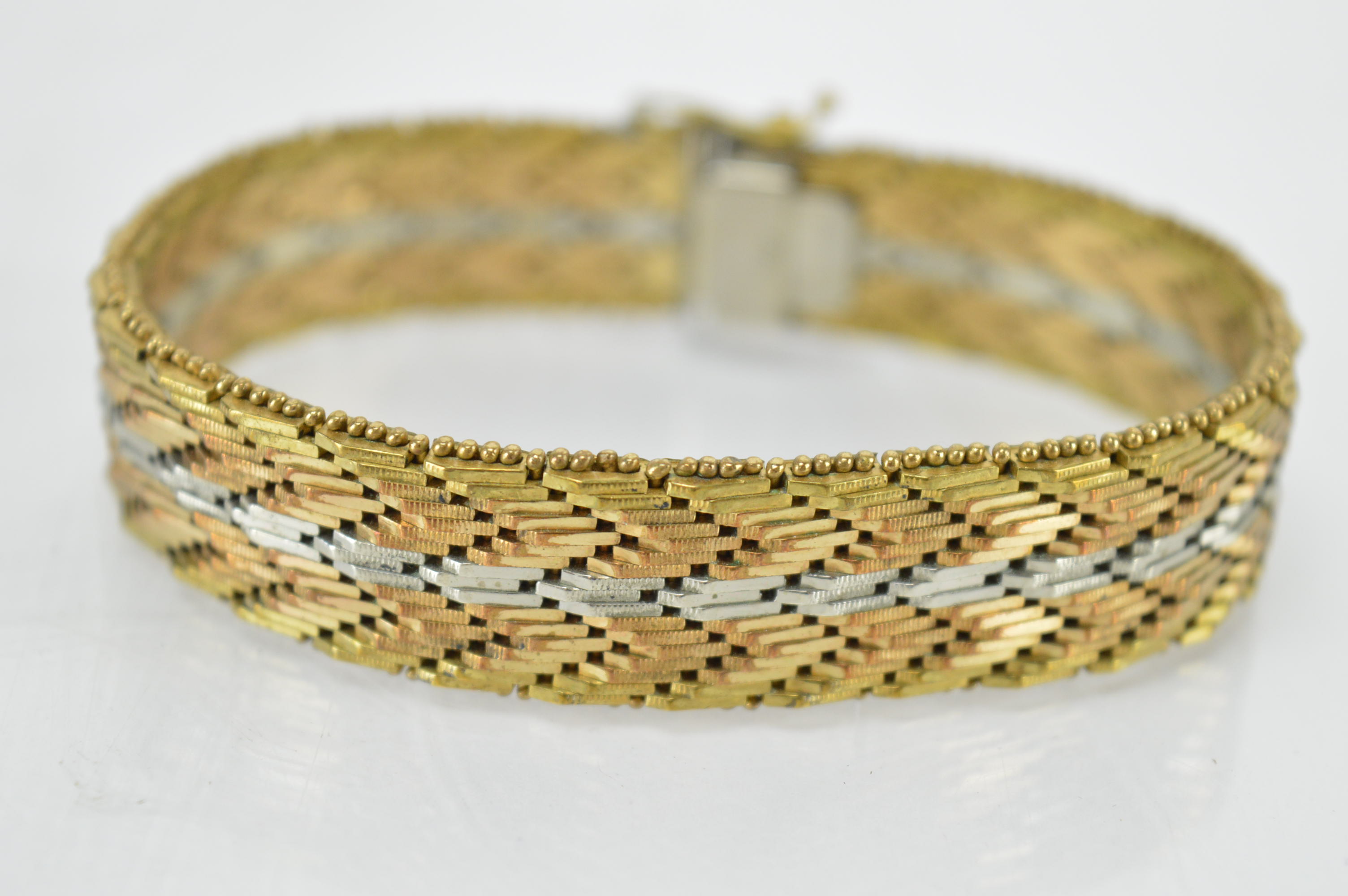 Vintage Tri-Color Gold Plated Herringbone Chain Bracelet by DeCesare Italy