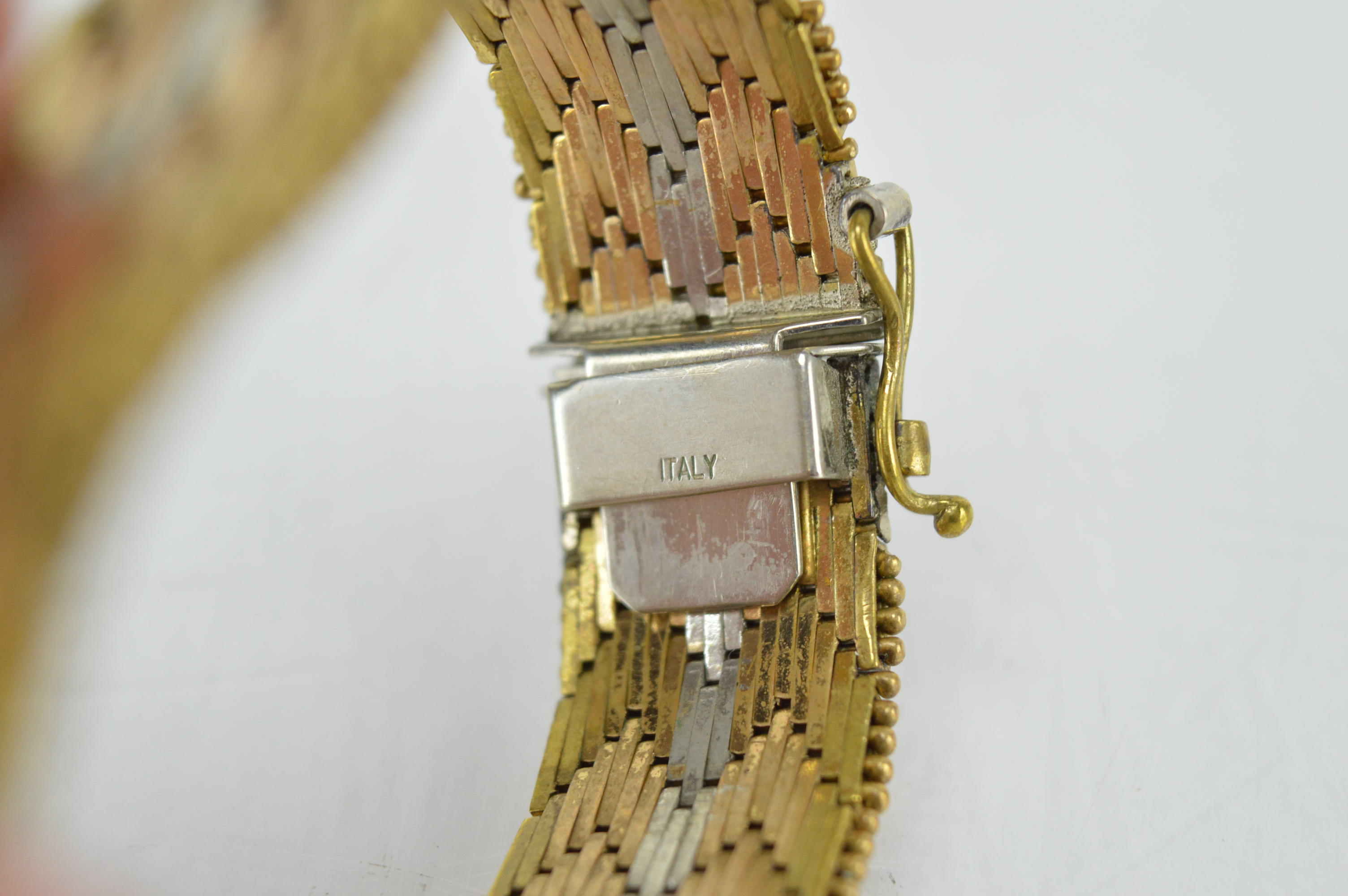 Vintage Tri-Color Gold Plated Herringbone Chain Bracelet by DeCesare Italy