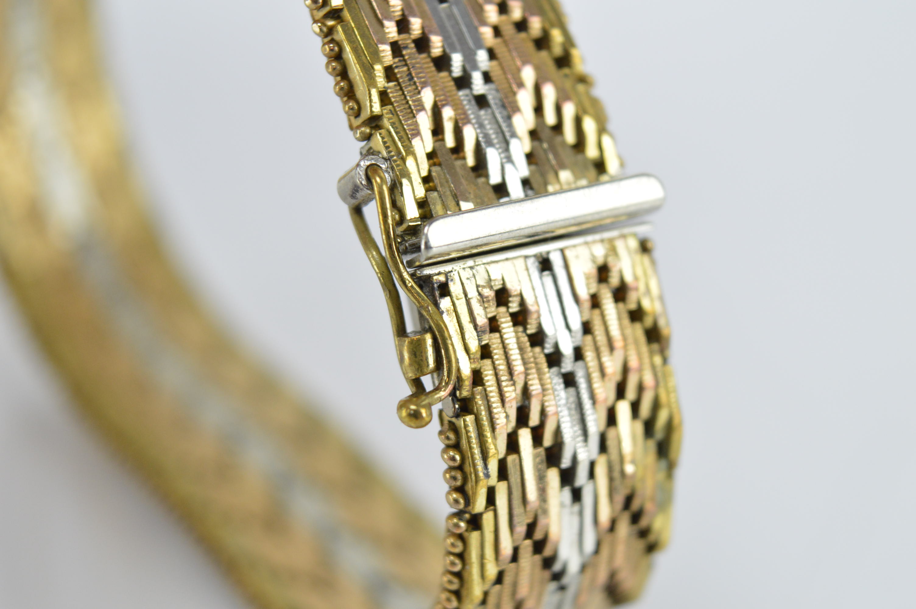 Vintage Tri-Color Gold Plated Herringbone Chain Bracelet by DeCesare Italy