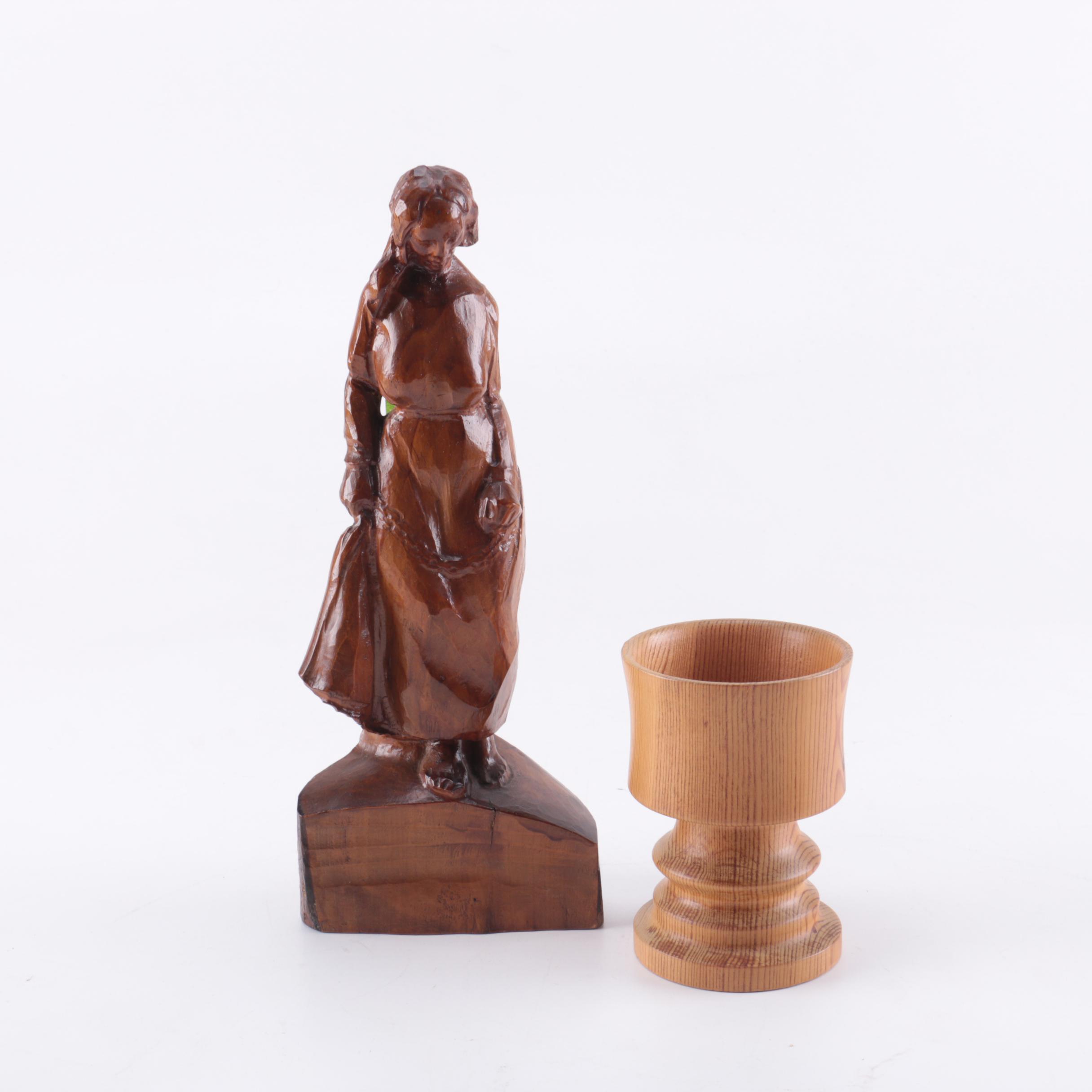 N.A. Sandin Wood Carving of a Woman and a Carved Cup
