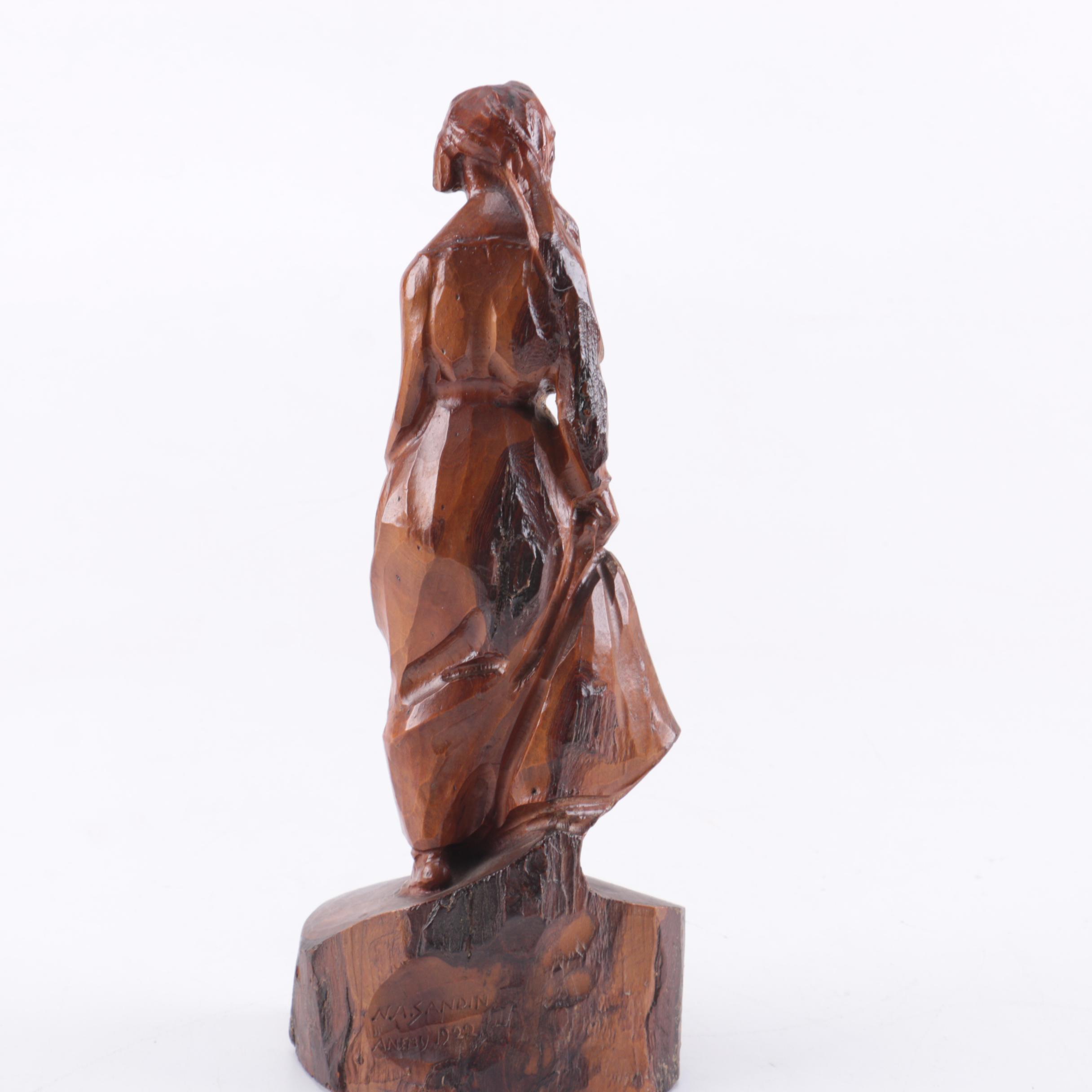 N.A. Sandin Wood Carving of a Woman and a Carved Cup