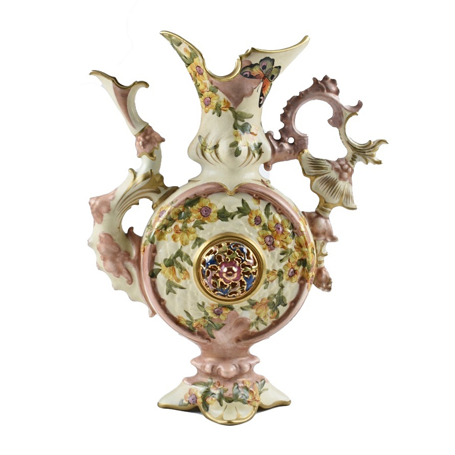 19th-Century Fischer J. Hand Painted Ceramic Ewer