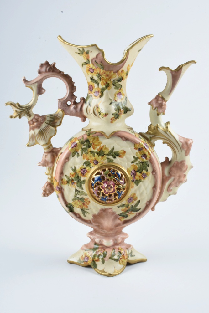19th-Century Fischer J. Hand Painted Ceramic Ewer