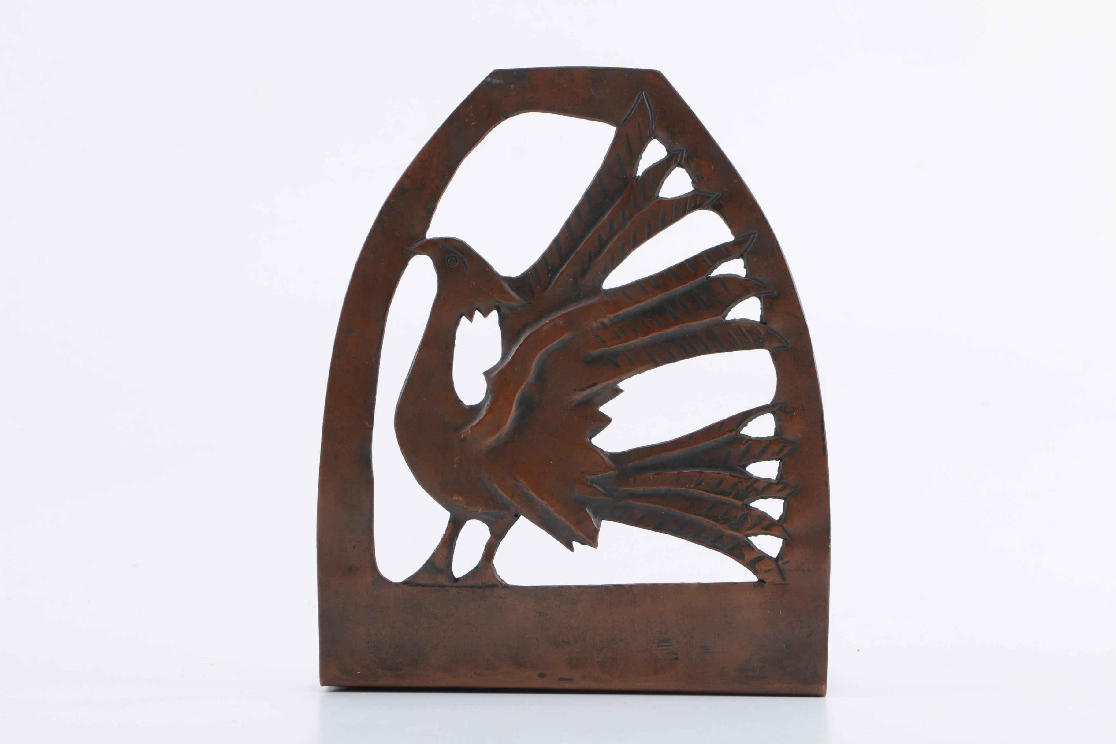Bird-Themed Decorations Including Copper Nekras Bookend