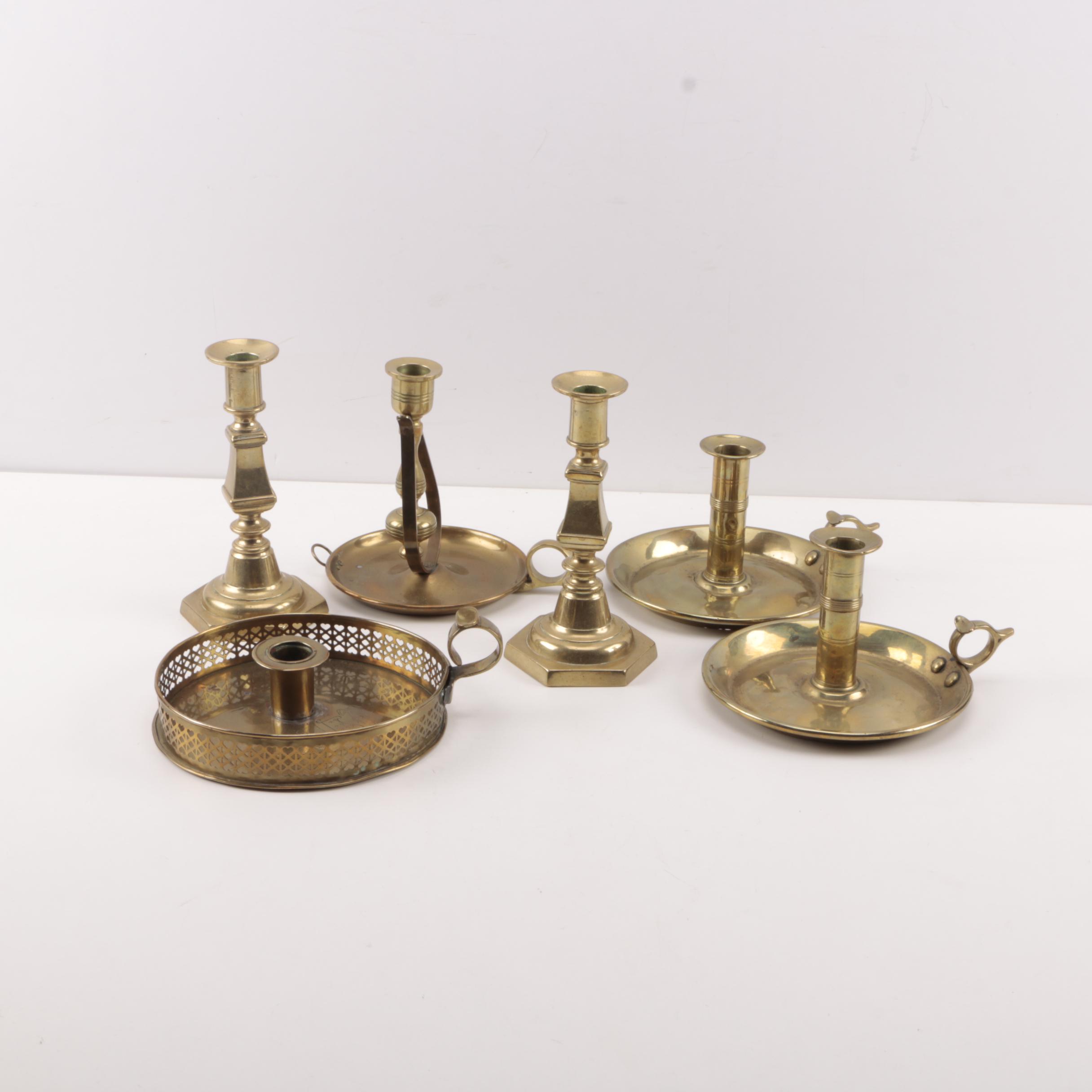 Antique Brass Candlesticks Including Push-Ups