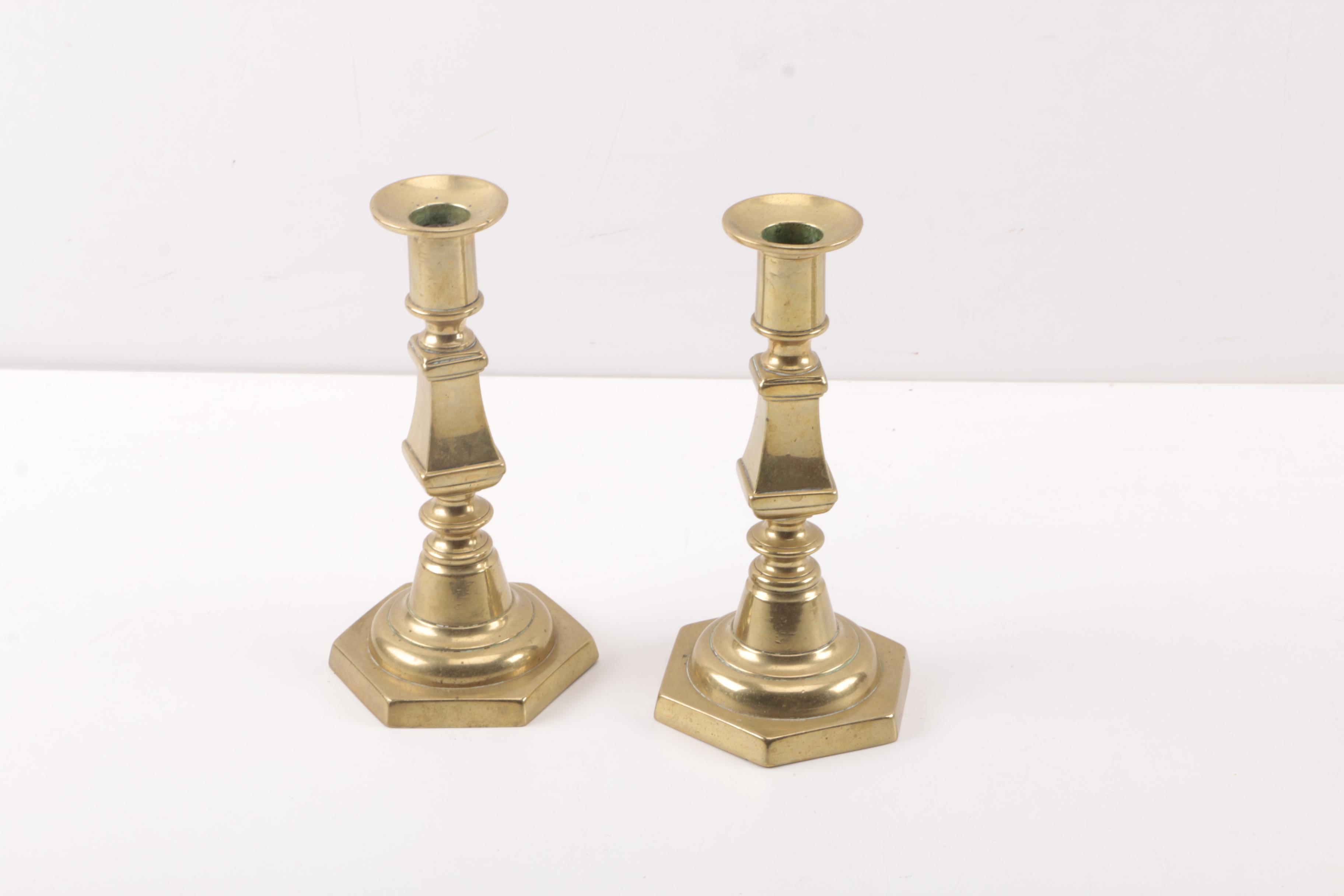 Antique Brass Candlesticks Including Push-Ups