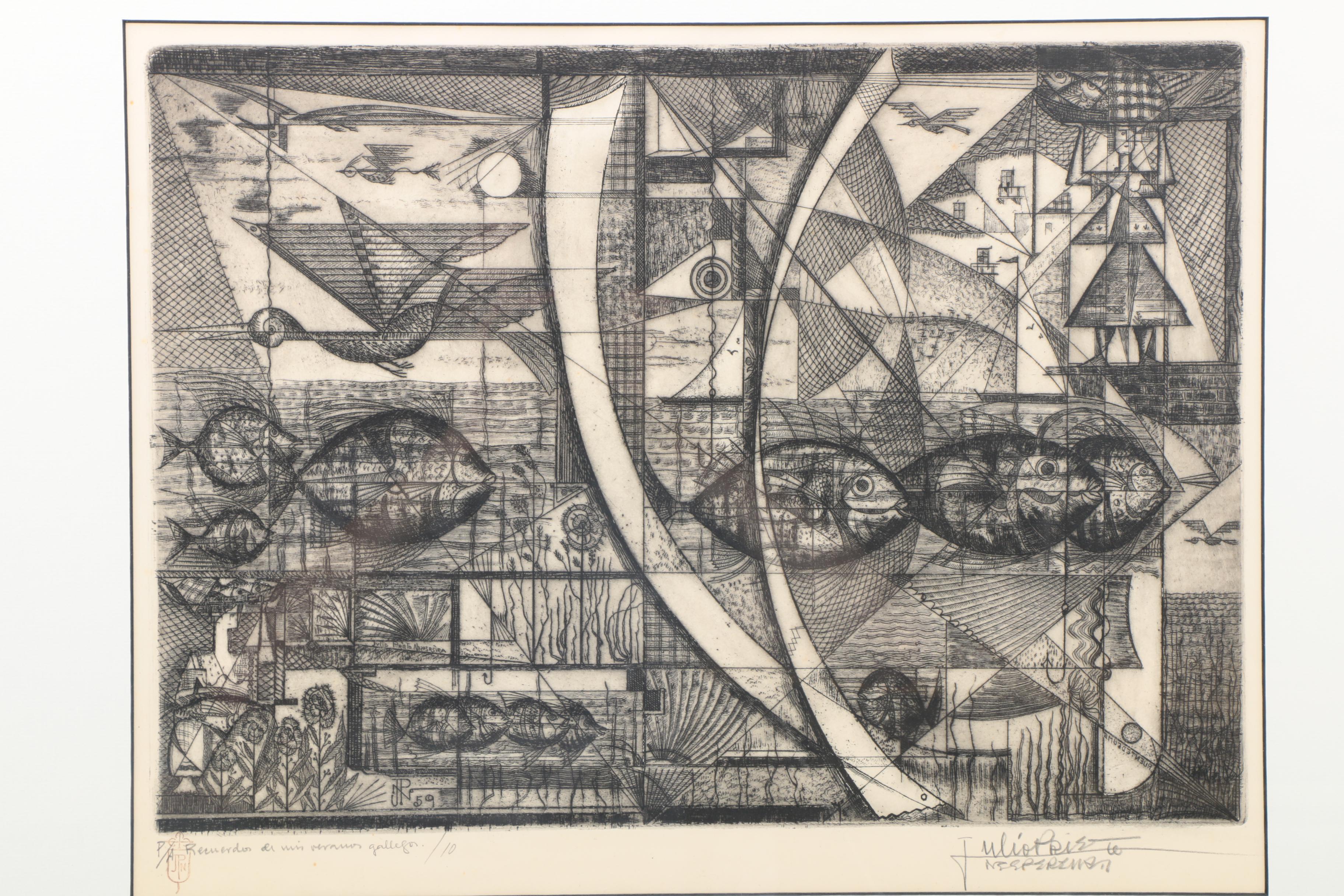 Julio Prieto Nespereira Artist Proof Etching on Paper "Recuerdos de mis Retonos Gallegos"