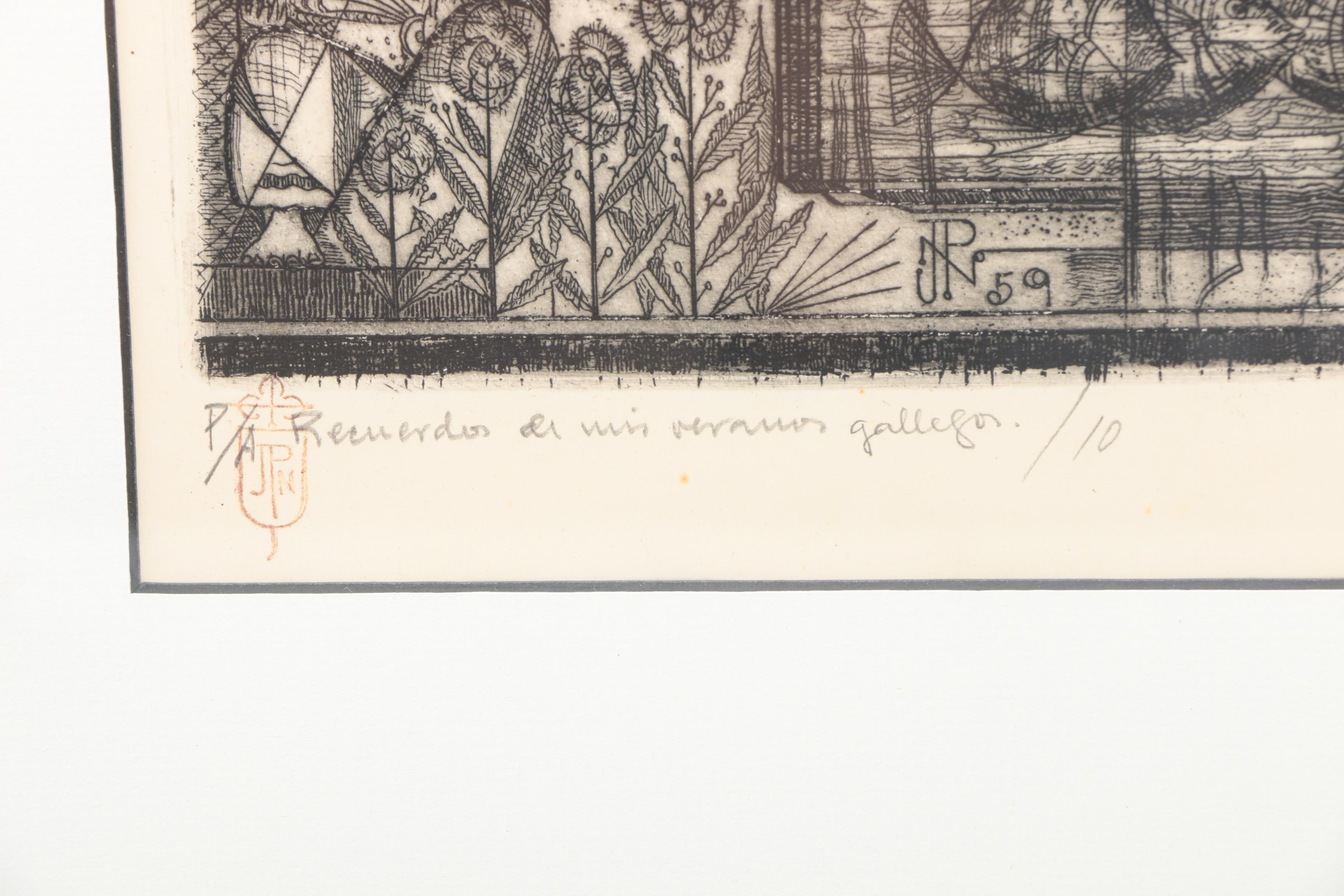 Julio Prieto Nespereira Artist Proof Etching on Paper "Recuerdos de mis Retonos Gallegos"