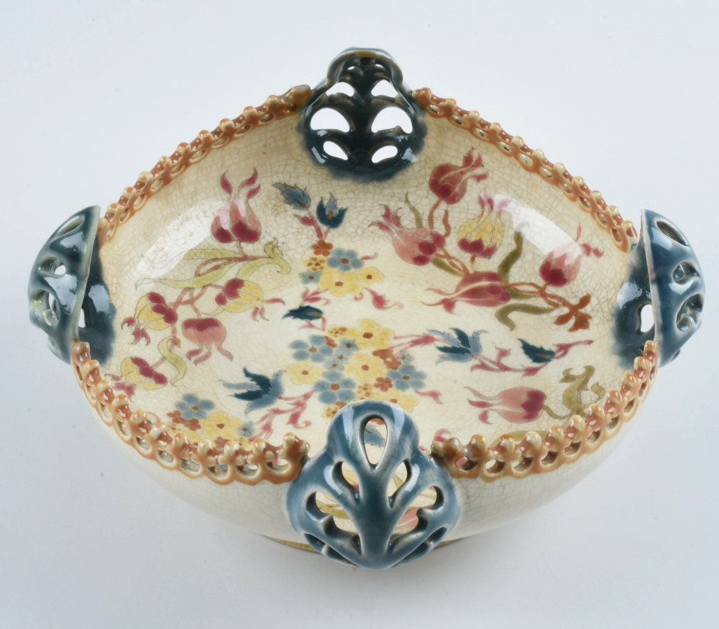 19th-Century Zsolnay Reticulated Ceramic Console Bowl