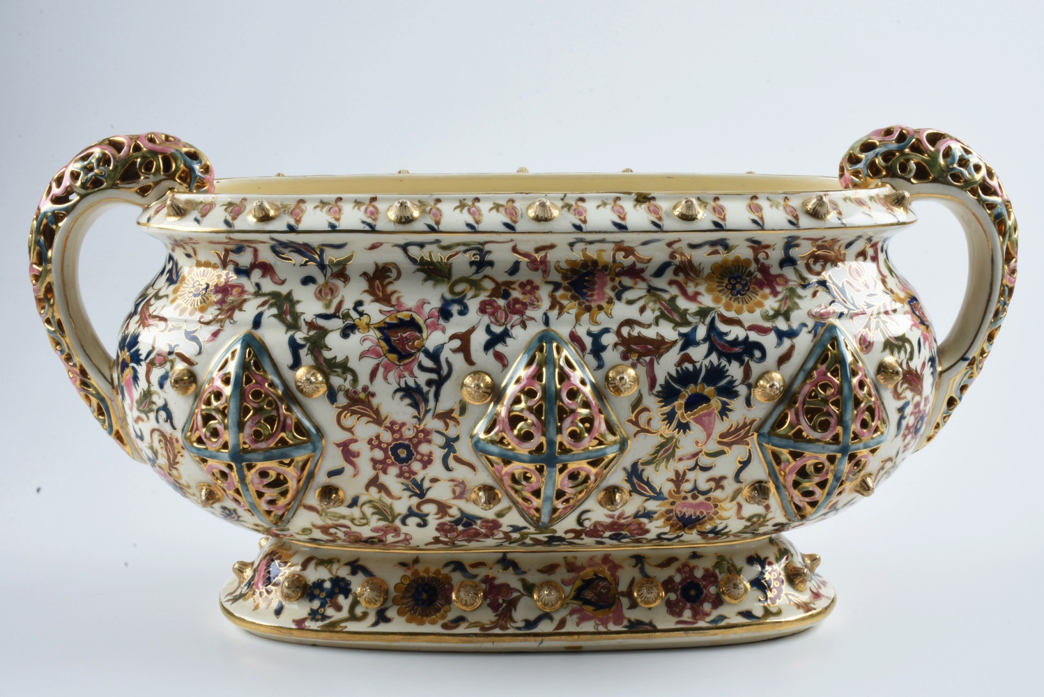 19th-Century Fischer J. Reticulated Ceramic Handled Centerpiece