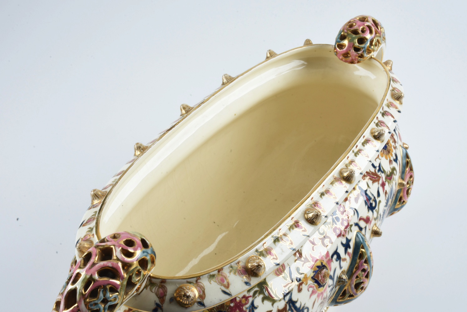 19th-Century Fischer J. Reticulated Ceramic Handled Centerpiece