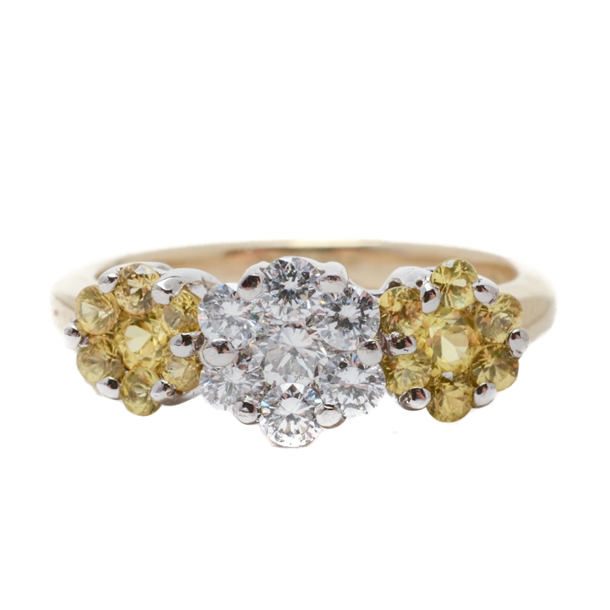 14K Yellow Gold Natural Yellow Sapphire Diamond Cluster Ring