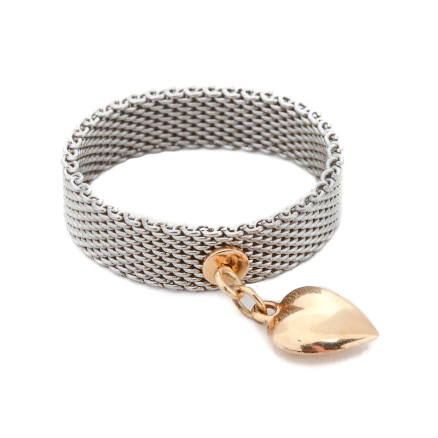 Silver Tone Mesh Ring with 14K Yellow Gold Heart Charm