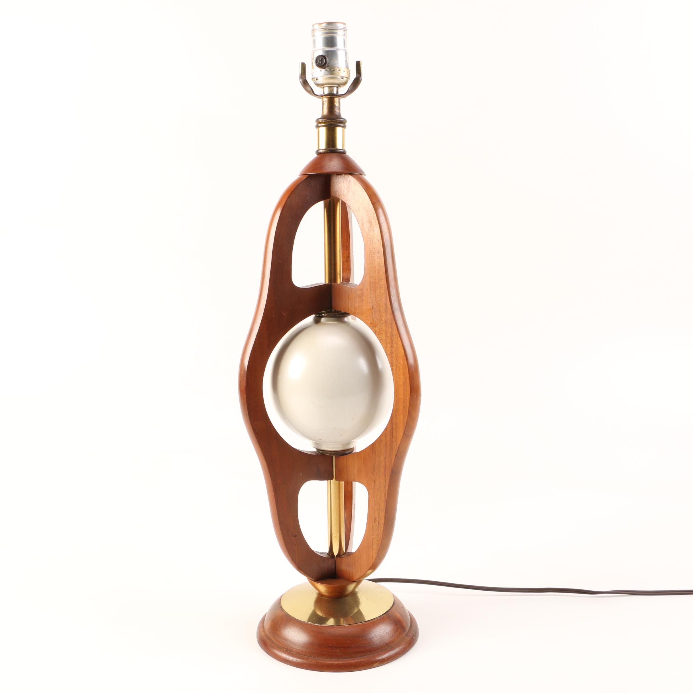 Mid Century Modern Wood, Brass, and White Glass Table Lamp