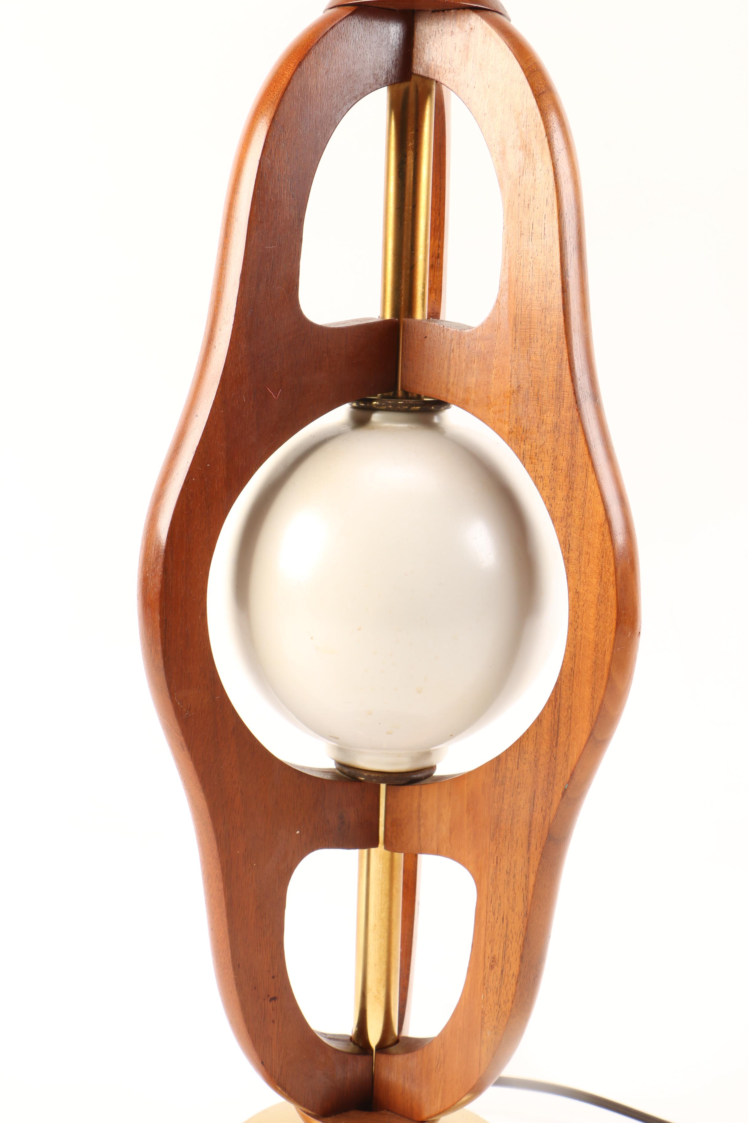Mid Century Modern Wood, Brass, and White Glass Table Lamp