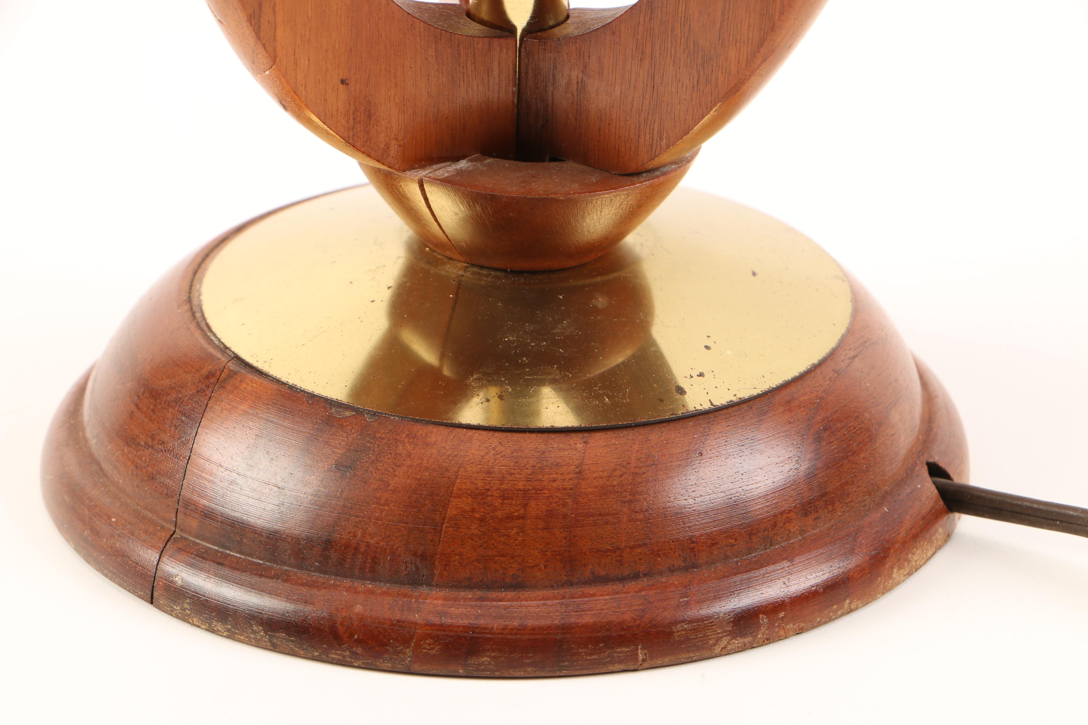 Mid Century Modern Wood, Brass, and White Glass Table Lamp