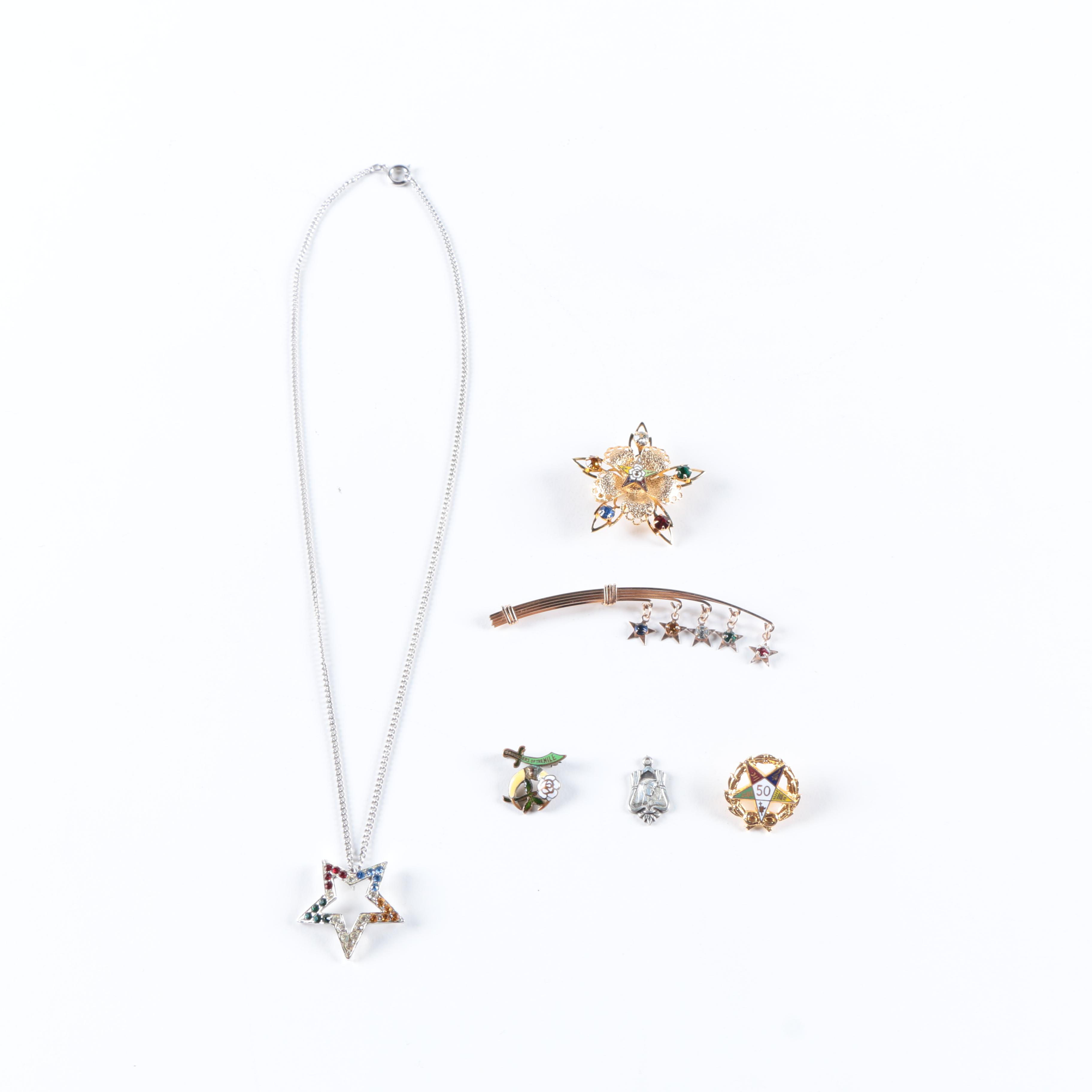 Assorted Eastern Star Jewelry Including a Sterling Silver Charm