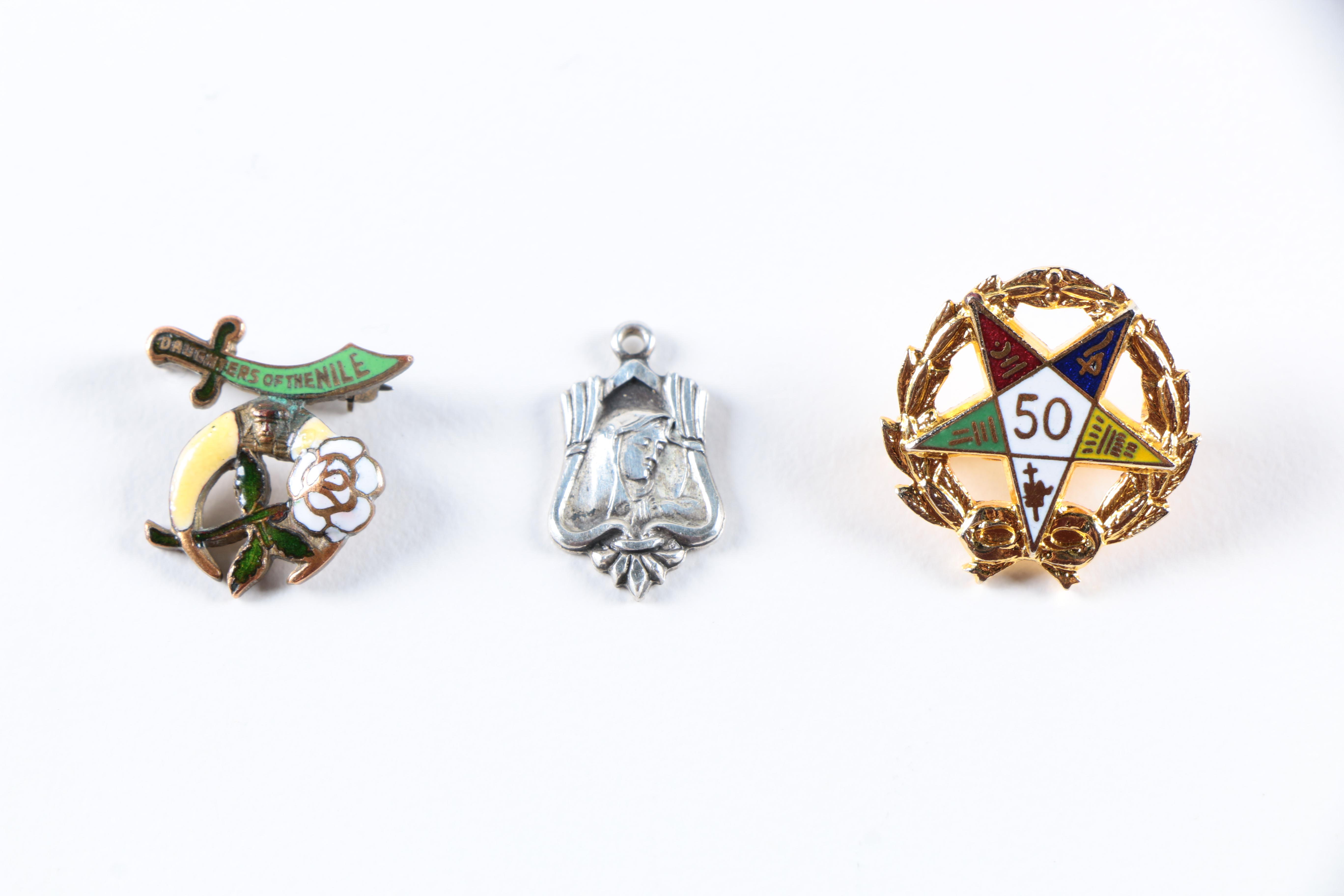 Assorted Eastern Star Jewelry Including a Sterling Silver Charm