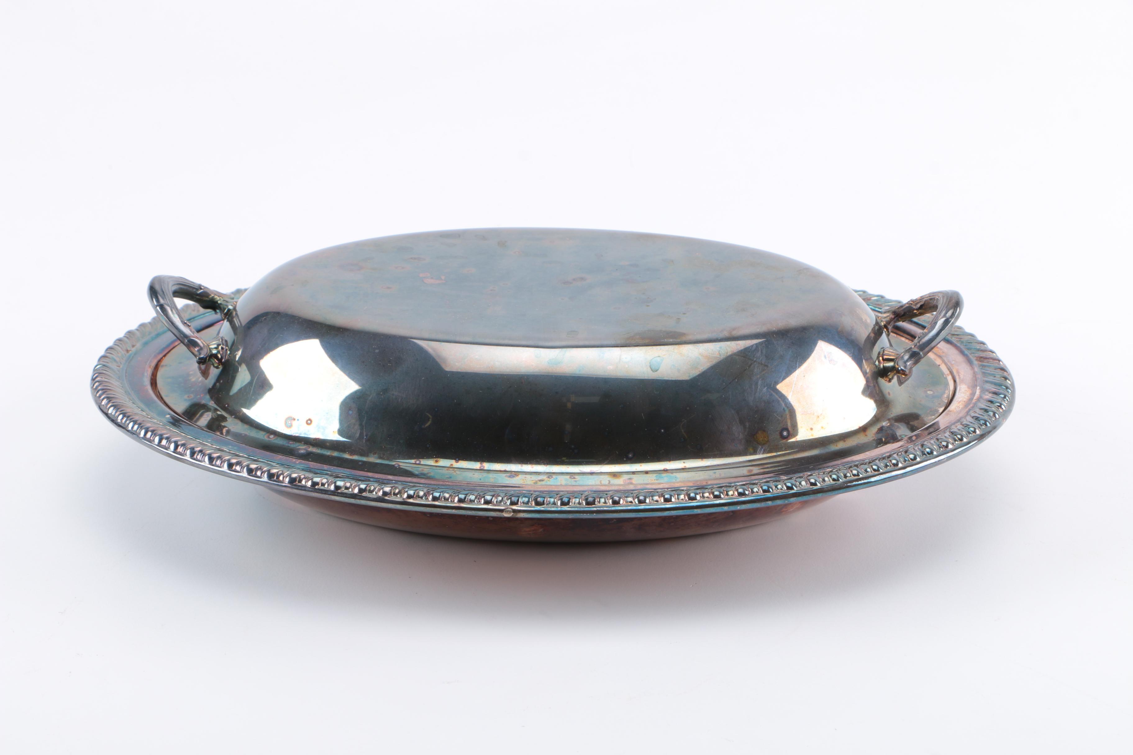 Silver Plate Tableware Including a Sterling and Wood Tray