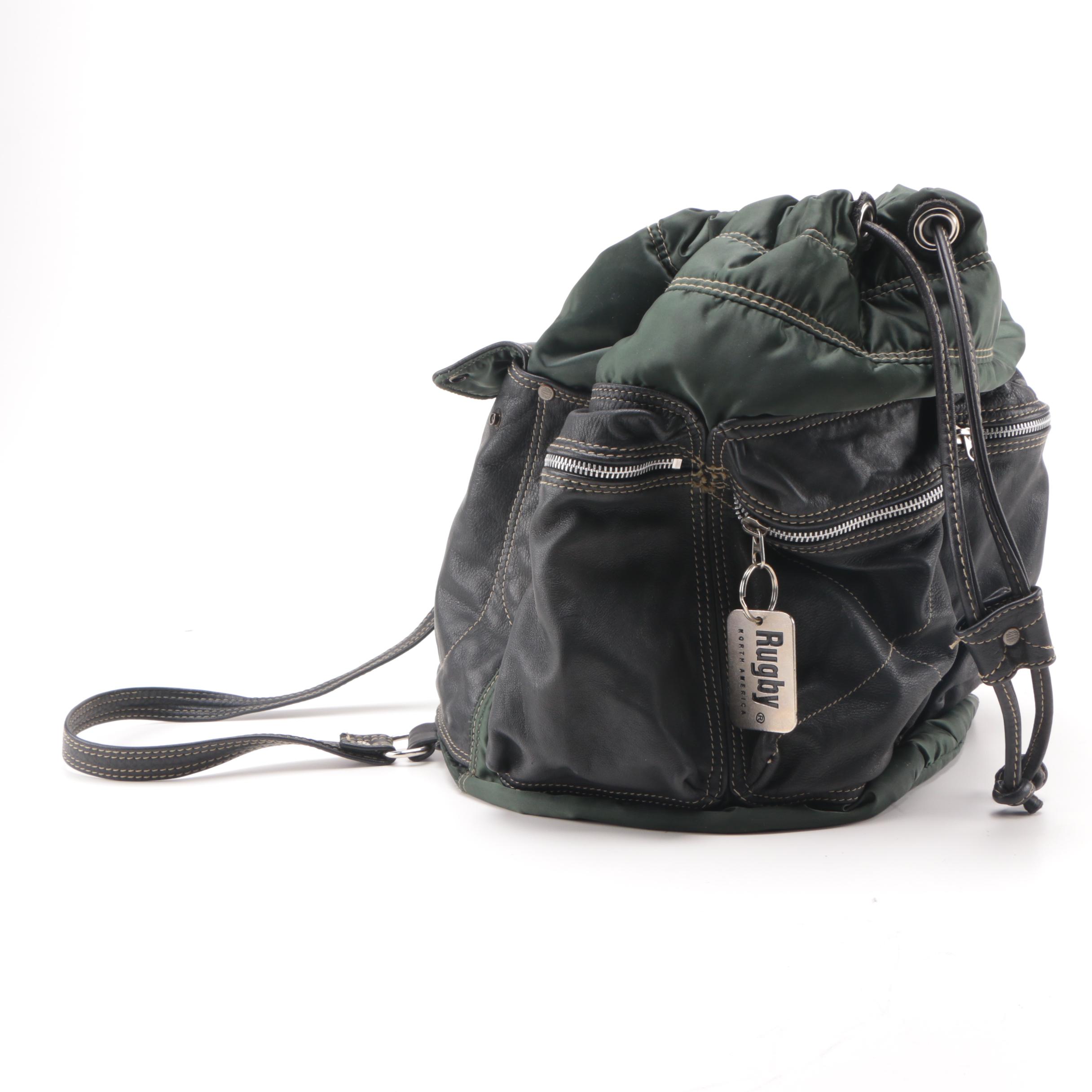 Rugby North America Green Nylon and Black Leather Backpack
