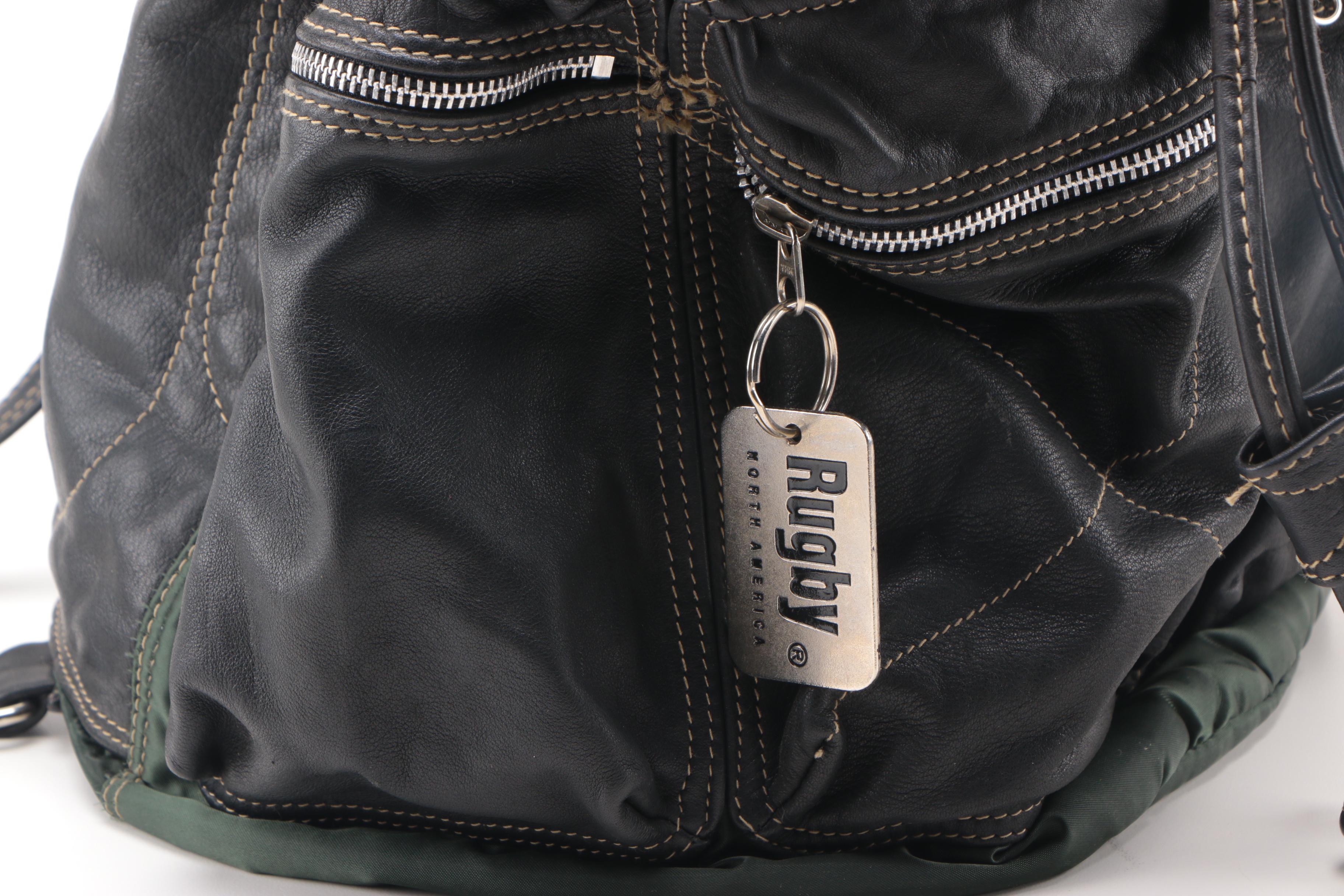 Rugby North America Green Nylon and Black Leather Backpack