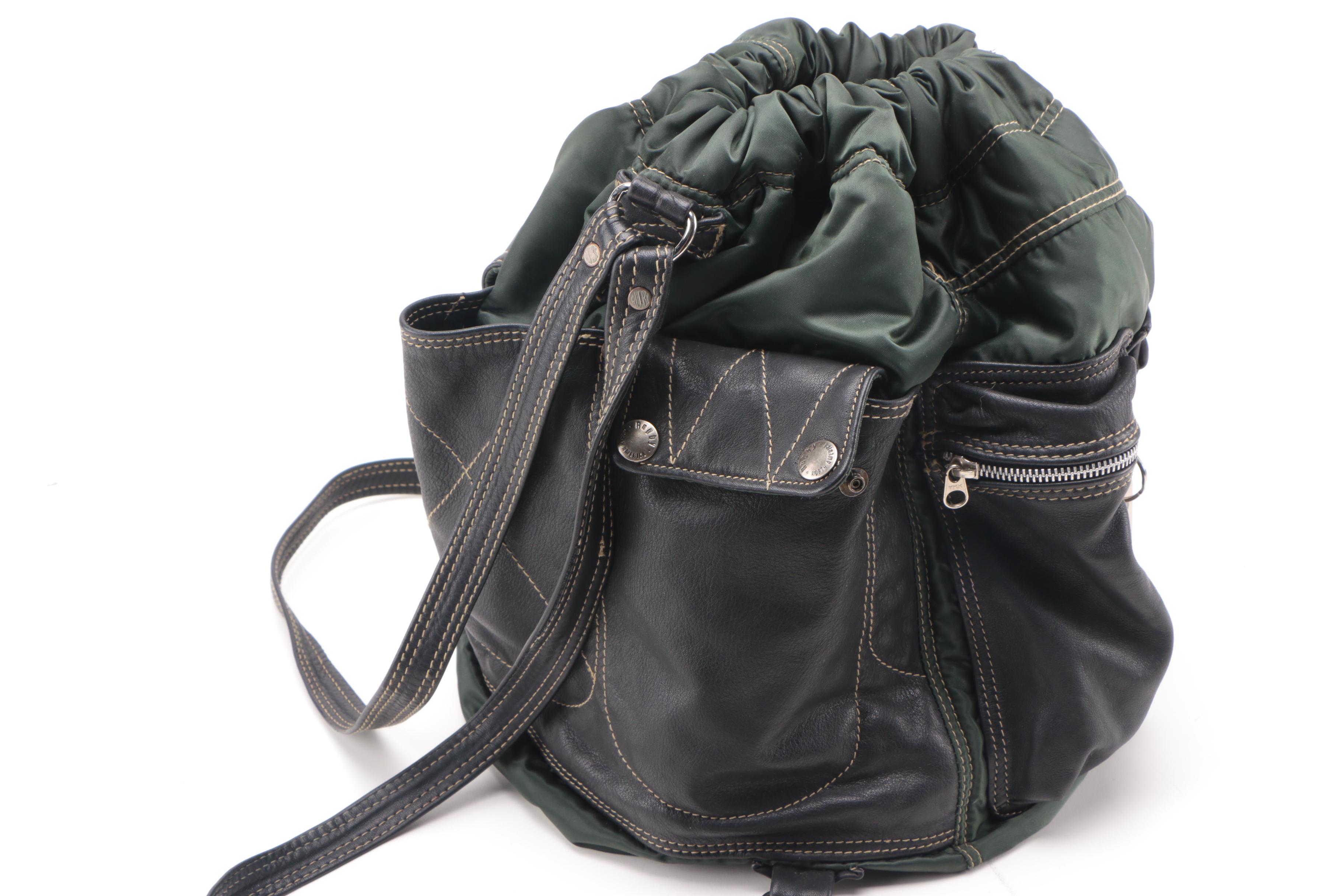 Rugby North America Green Nylon and Black Leather Backpack