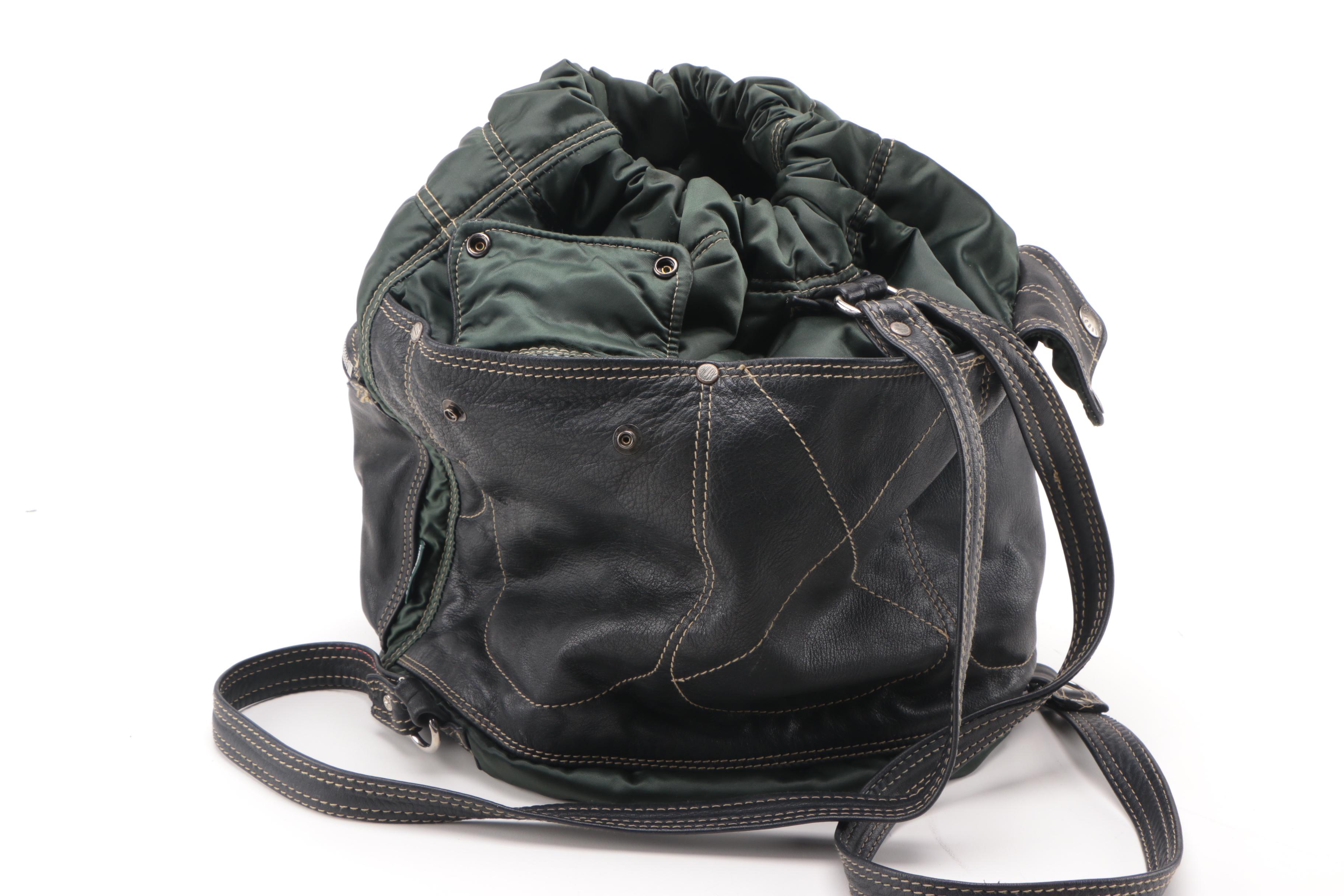 Rugby North America Green Nylon and Black Leather Backpack