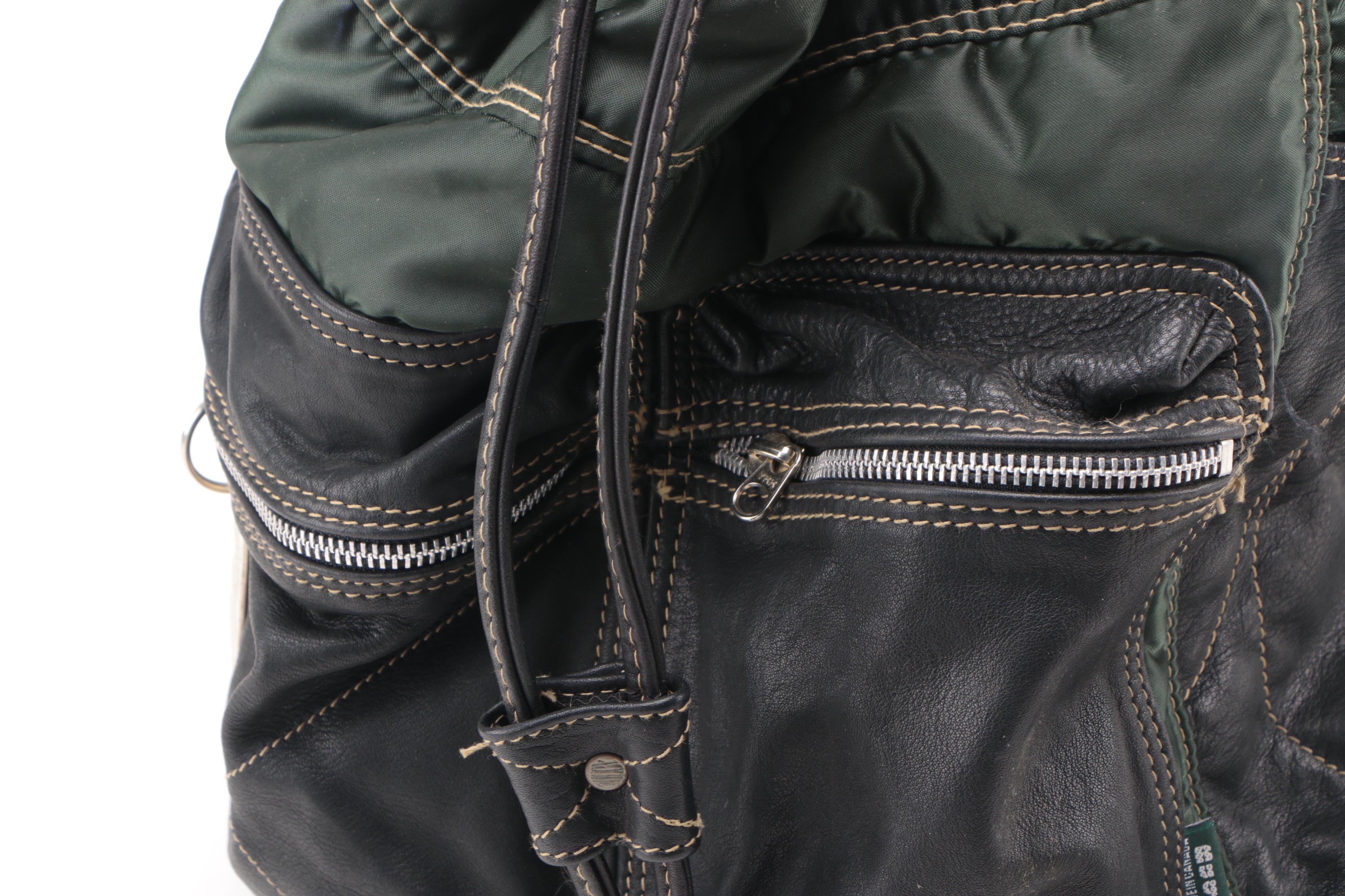 Rugby North America Green Nylon and Black Leather Backpack