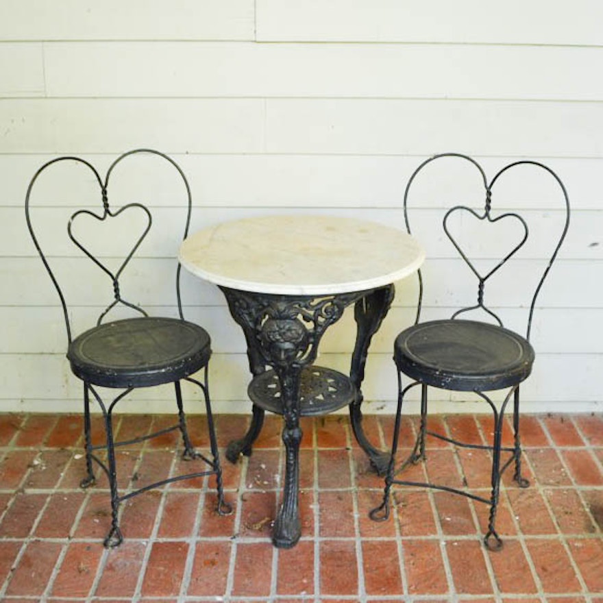Marble Top Iron Table and Ice Cream Parlor Chairs