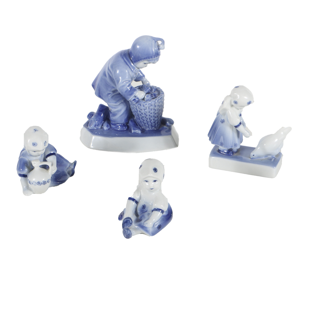 Four Zsolnay Pottery Ceramic Blue and White Figurines