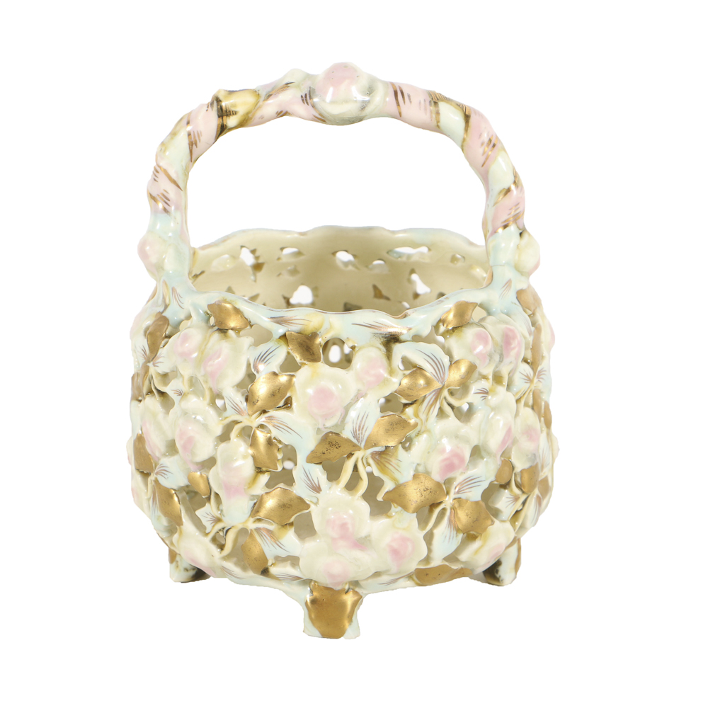 19th-Century Zsolnay Reticulated Ceramic Handled Basket