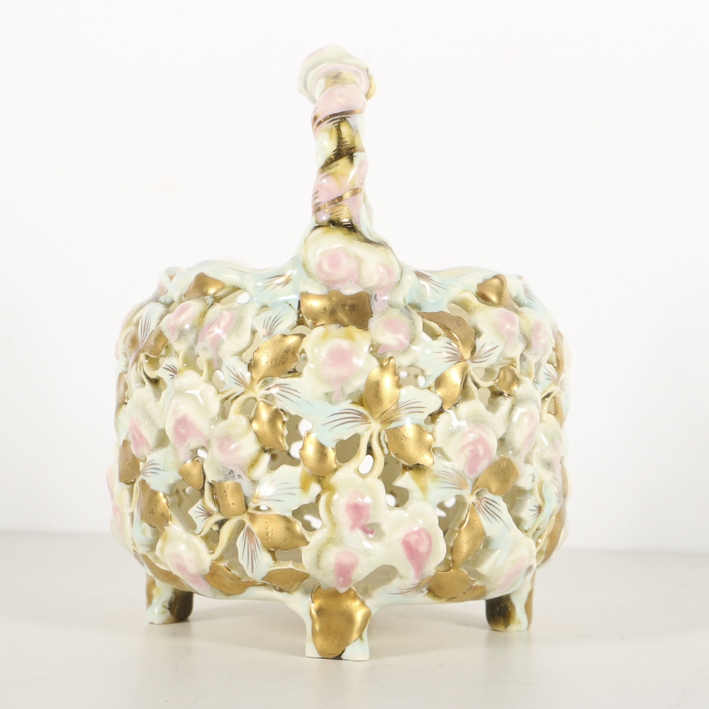 19th-Century Zsolnay Reticulated Ceramic Handled Basket