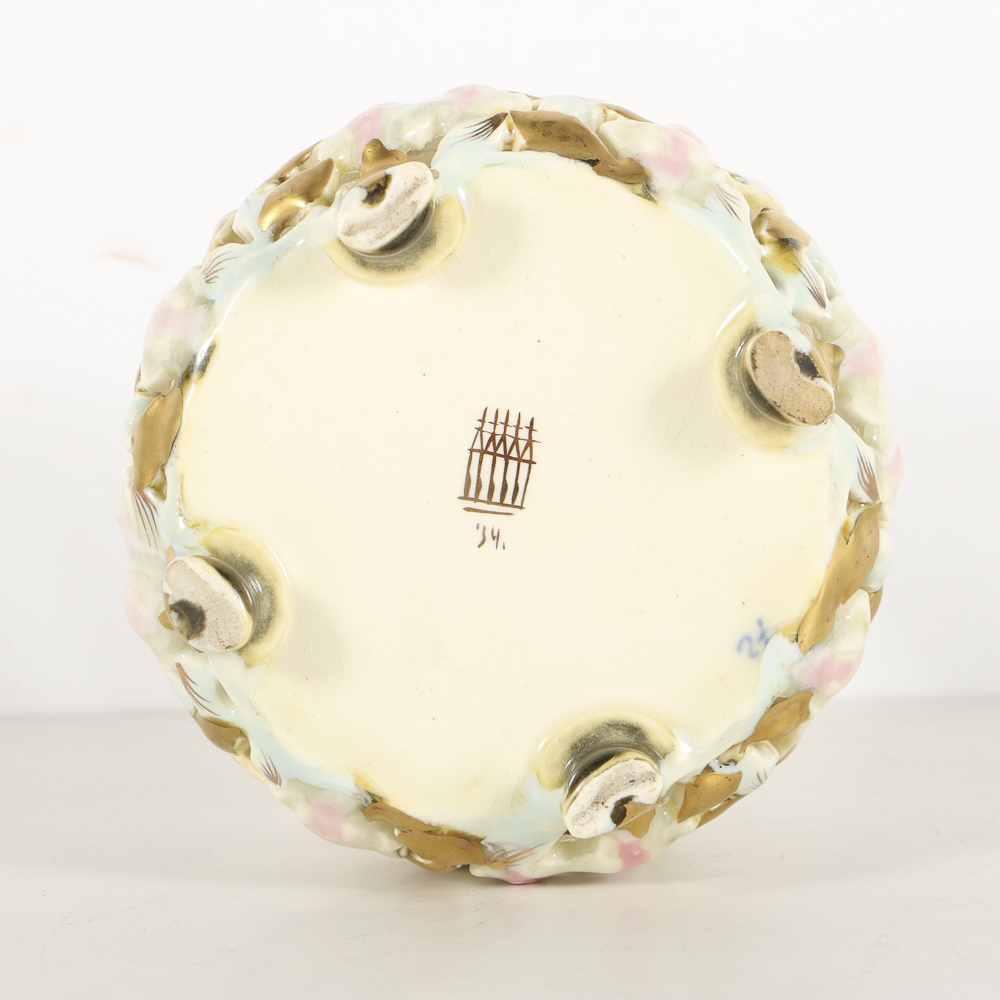 19th-Century Zsolnay Reticulated Ceramic Handled Basket