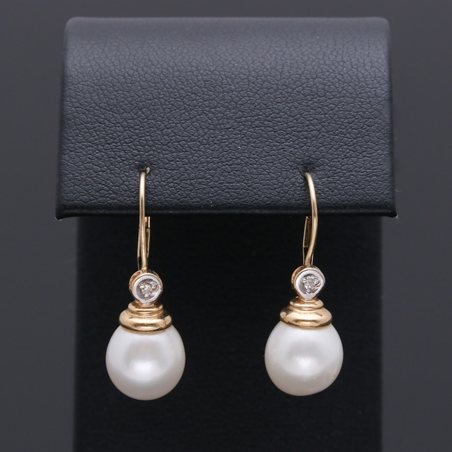 14K Yellow Gold Diamond and Cultured Pearl Drop Earrings