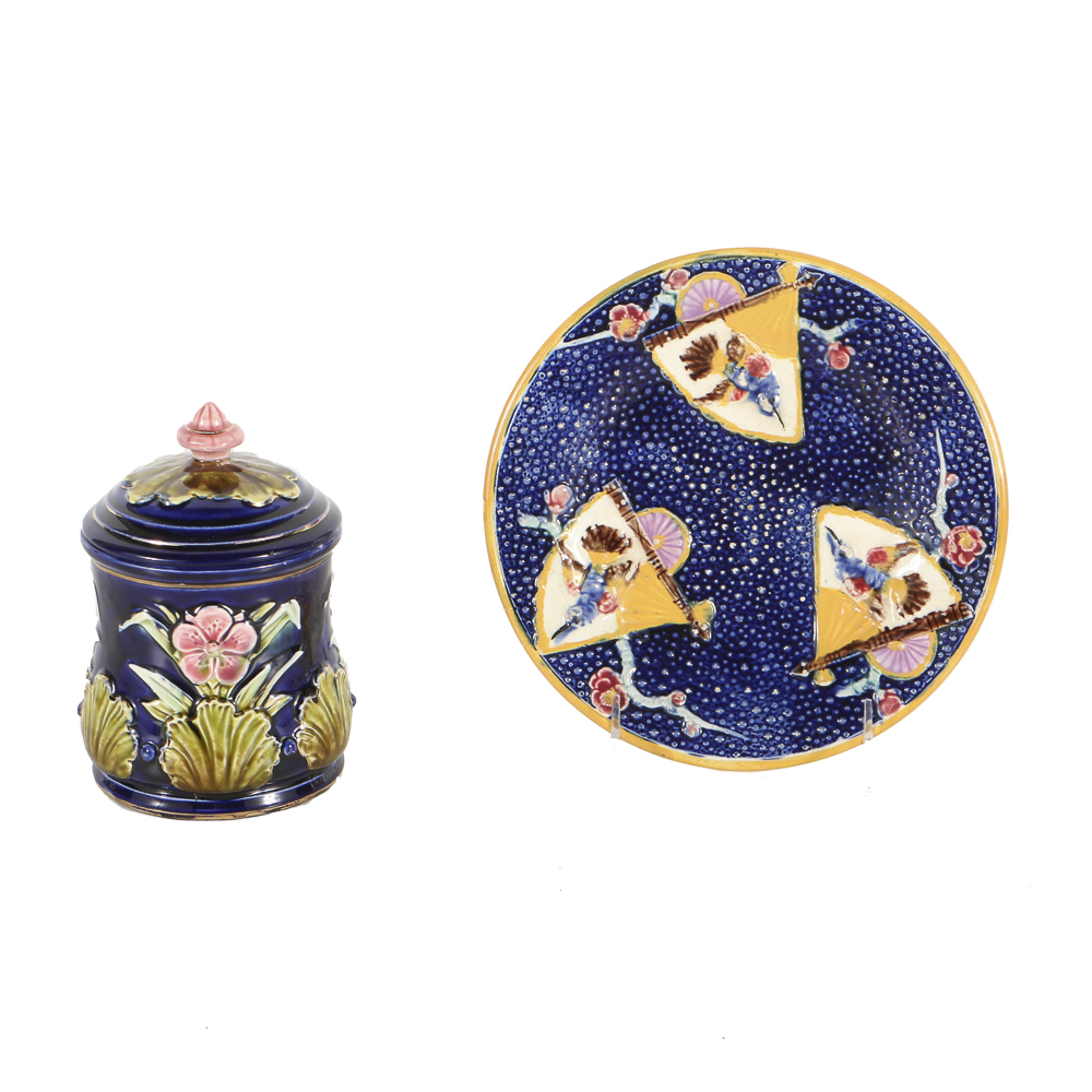 19th-Century Minton Majolica Plate and Majolica Lidded Jar
